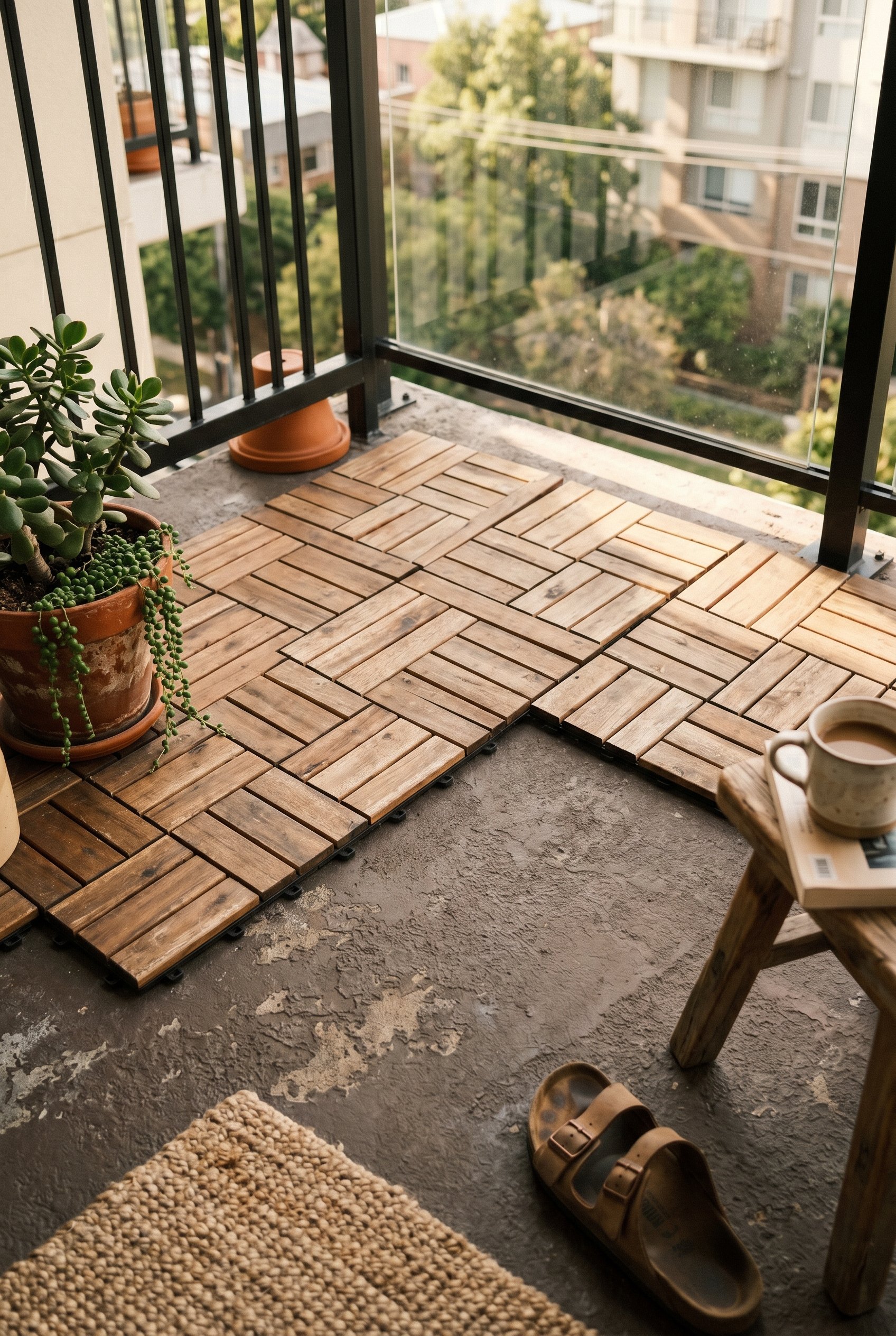 Photorealistic interior photo. Close up of interlocking acacia wood deck tiles partially covering a stained concrete balcony floor, warm sunlight, downward angle. Editorial photography style, no peopl