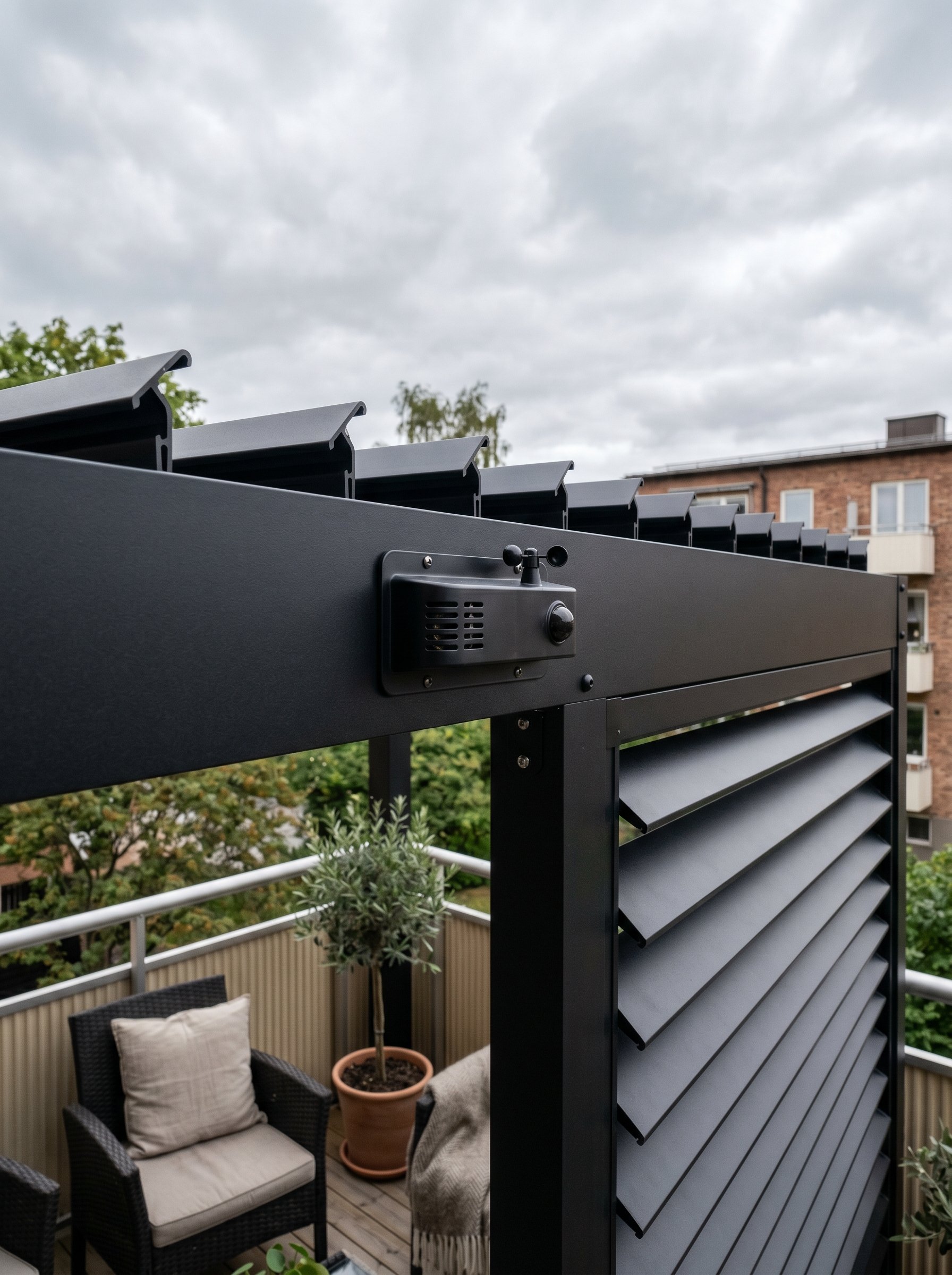 Photorealistic interior photo. Close-up of modern pergola louvers and a sleek integrated weather sensor module on black aluminum, overcast sky, detailed macro architectural shot. Editorial photography