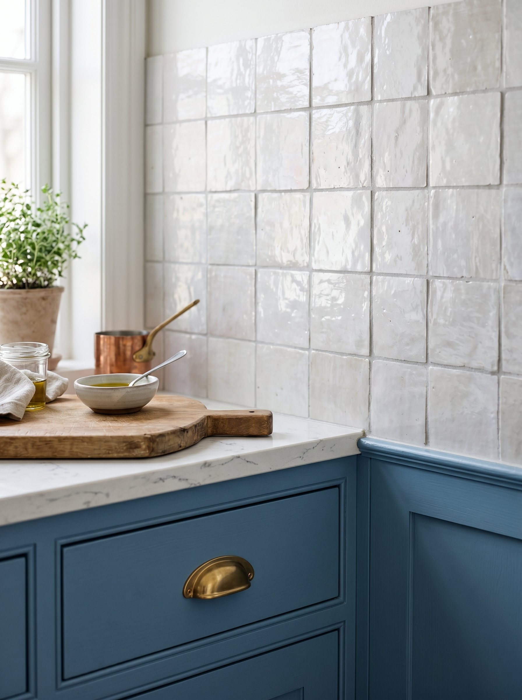 Photorealistic interior photo. Close up of pearlescent white Zellige tile backsplash contrasting with French blue lower cabinets. Glossy texture, soft daylight.