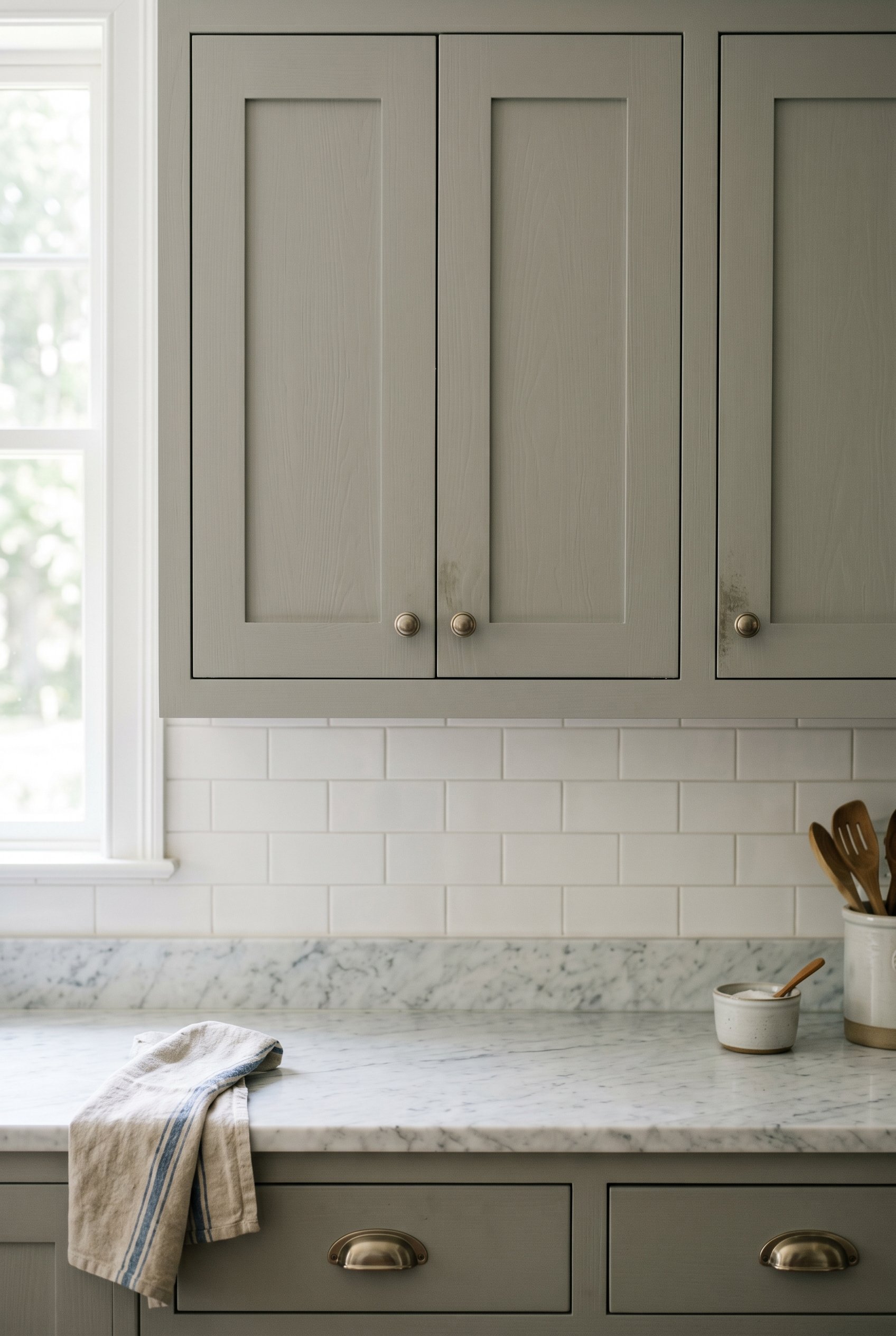 Photorealistic interior photo. Close up of shaker kitchen cabinets painted in Farrow & Ball Parma Gray, soft natural daylight, straight-on camera angle. Editorial photography style, no people visible.