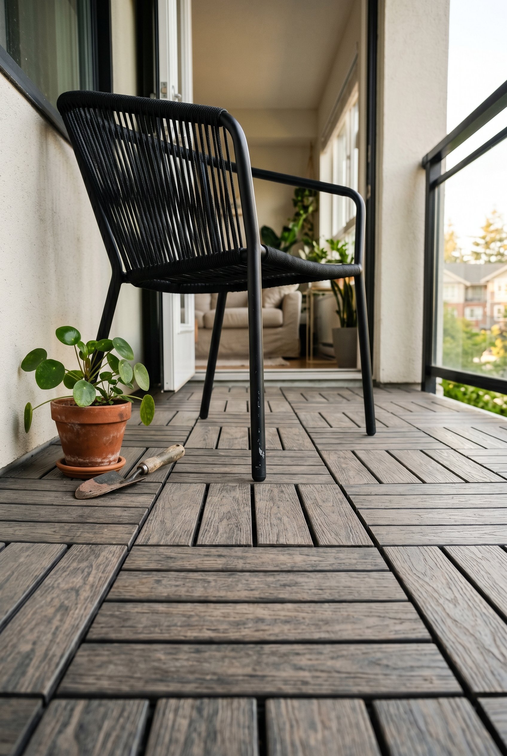 Photorealistic interior photo. Close-up of snap-together composite wood deck tiles covering a patio floor under a modern black outdoor chair. Bright daytime lighting, low angle. Editorial photography 