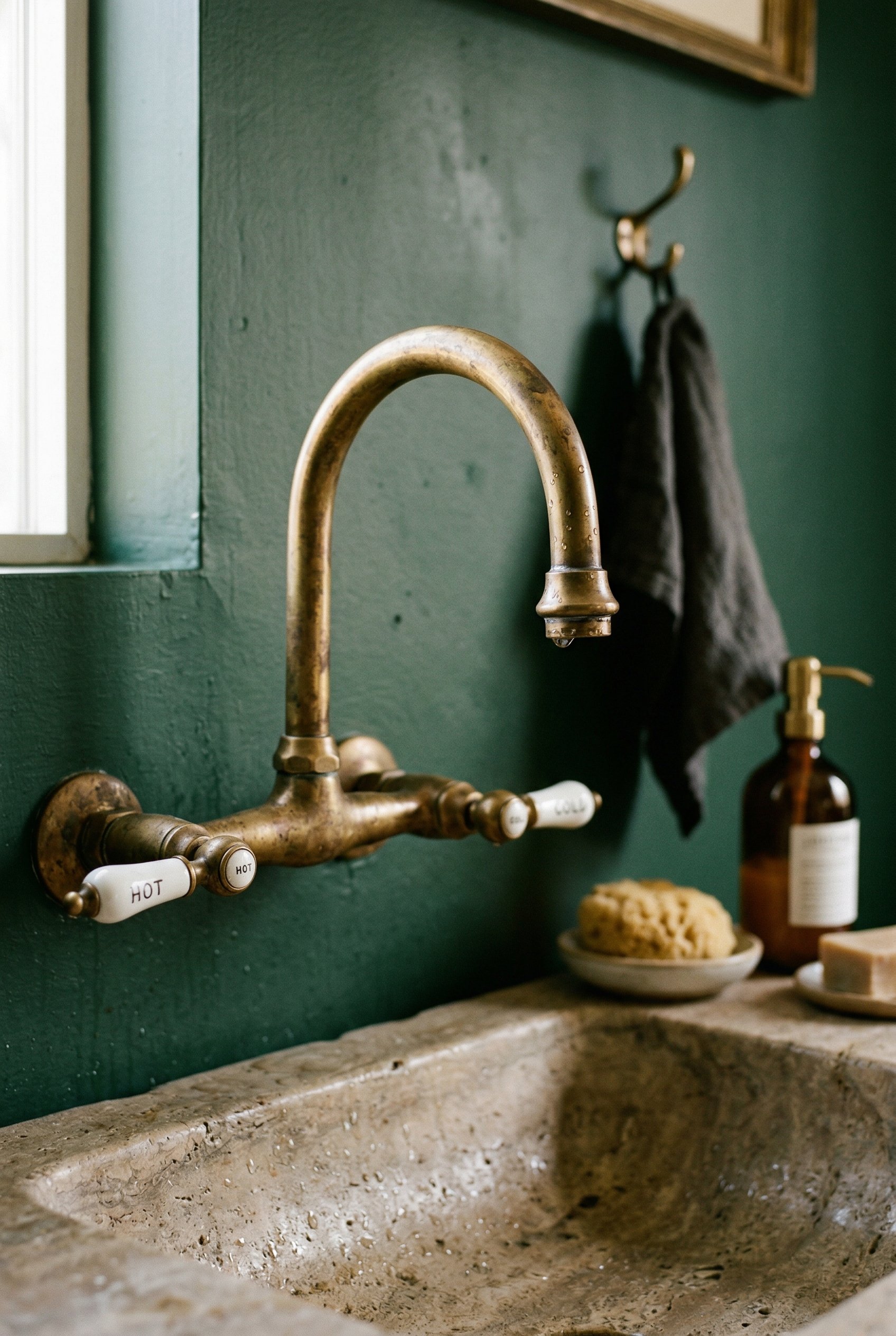 Photorealistic interior photo. Close up of unlacquered brass faucet with natural patina against a deep forest green painted wall. Warm lighting, shallow depth of field. Editorial photography style, no