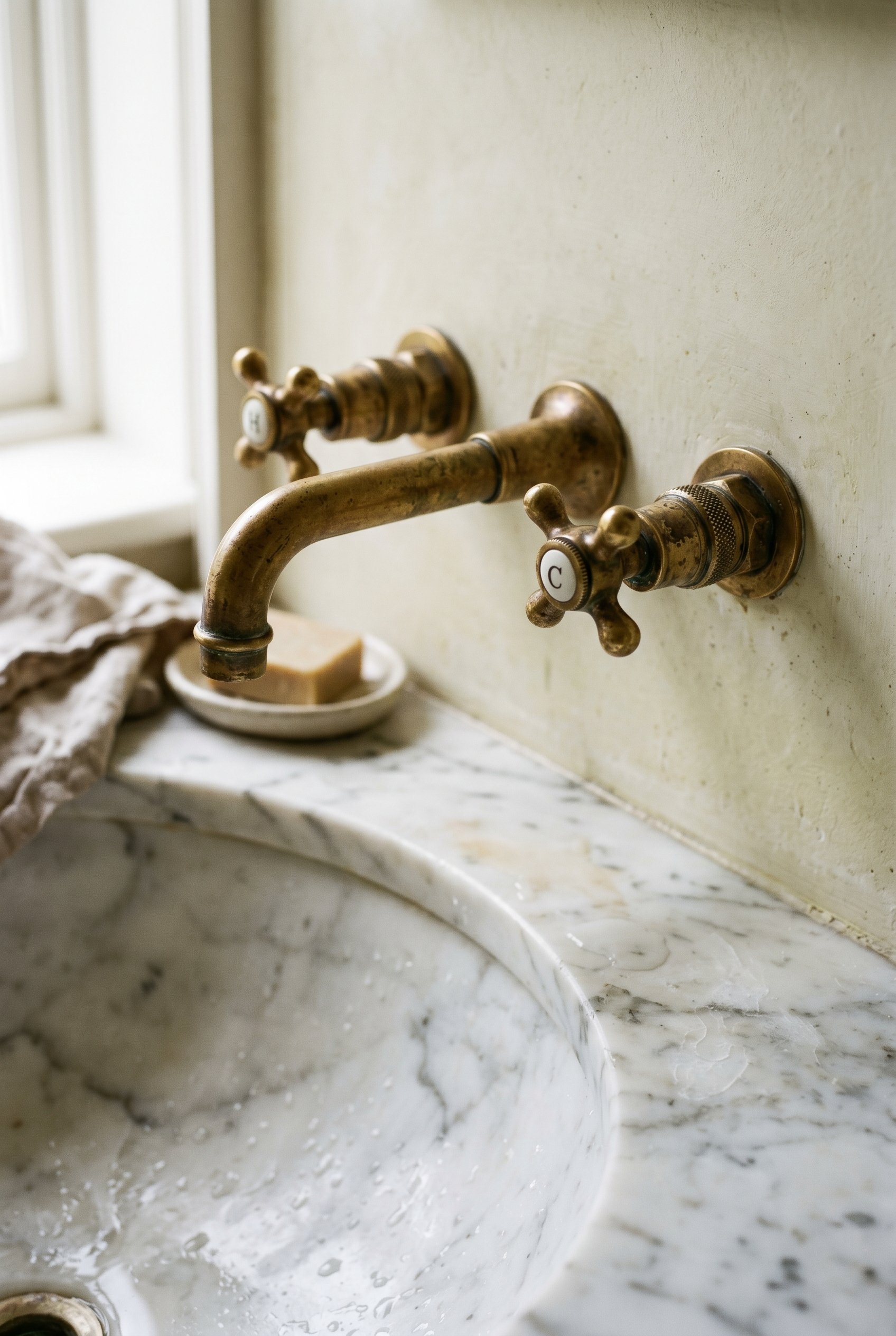Photorealistic interior photo. Close up of unlacquered brass wall-mounted faucet over a marble sink, warm metallic finish, natural window lighting, angled macro shot. Editorial photography style, no p