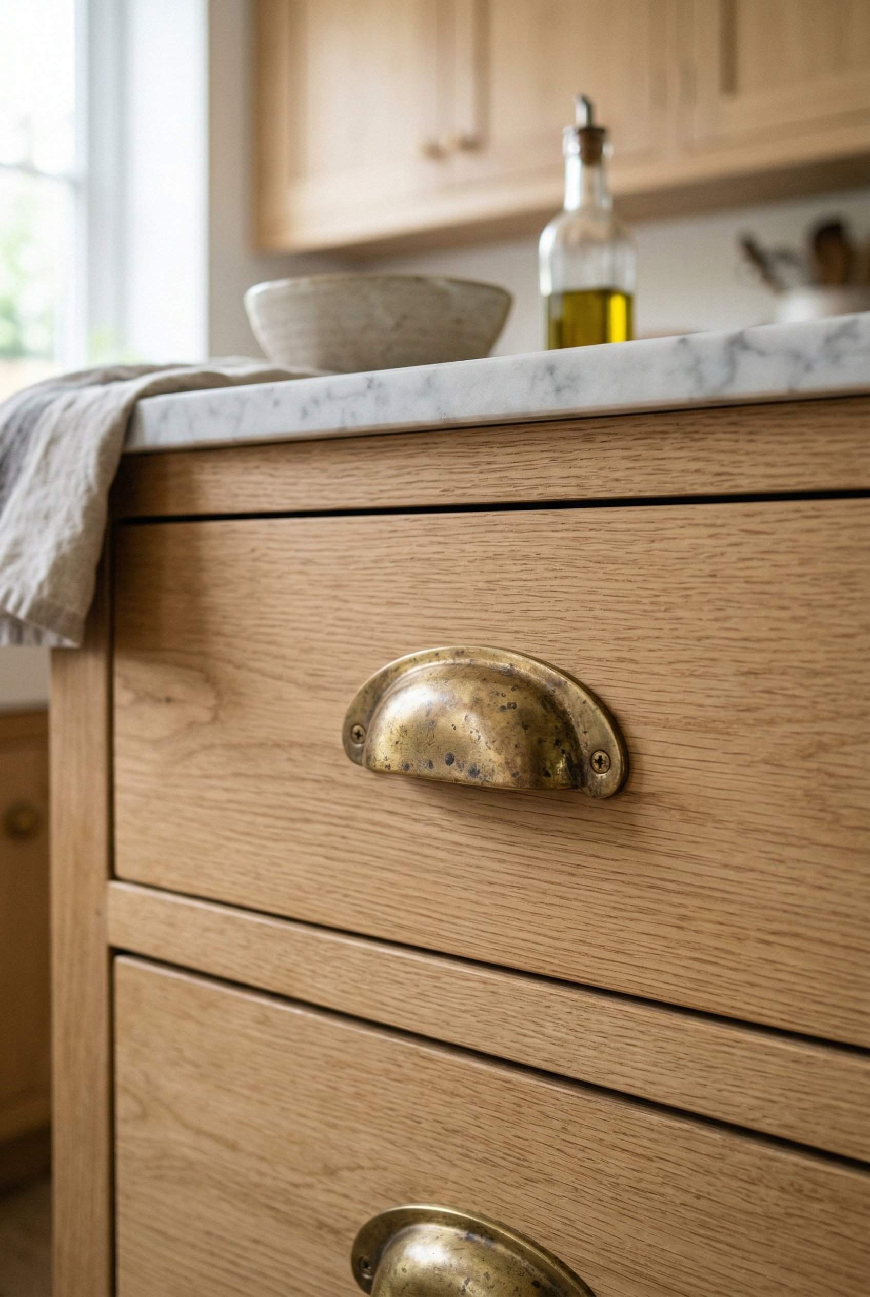 Photorealistic interior photo. Close-up of unlacquered brass cabinet pulls on light oak kitchen drawers, showing subtle tarnish and patina, bright daylight, shallow depth of field. Editorial photograp
