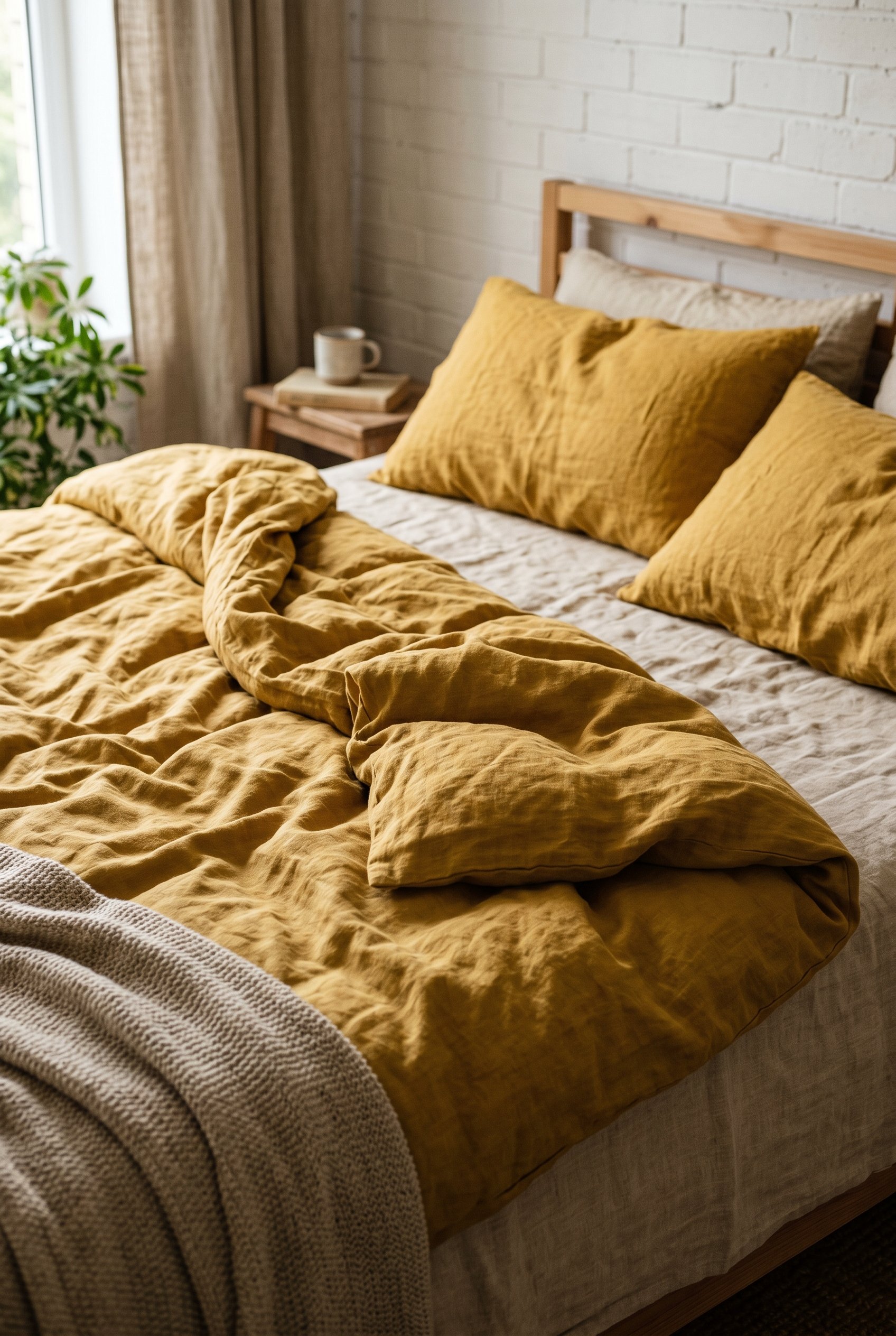 Photorealistic interior photo. Close-up of unmade, relaxed 100% French flax linen bedding in a muted mustard yellow tone. Editorial photography style, soft wrinkles, morning light, no people visible.