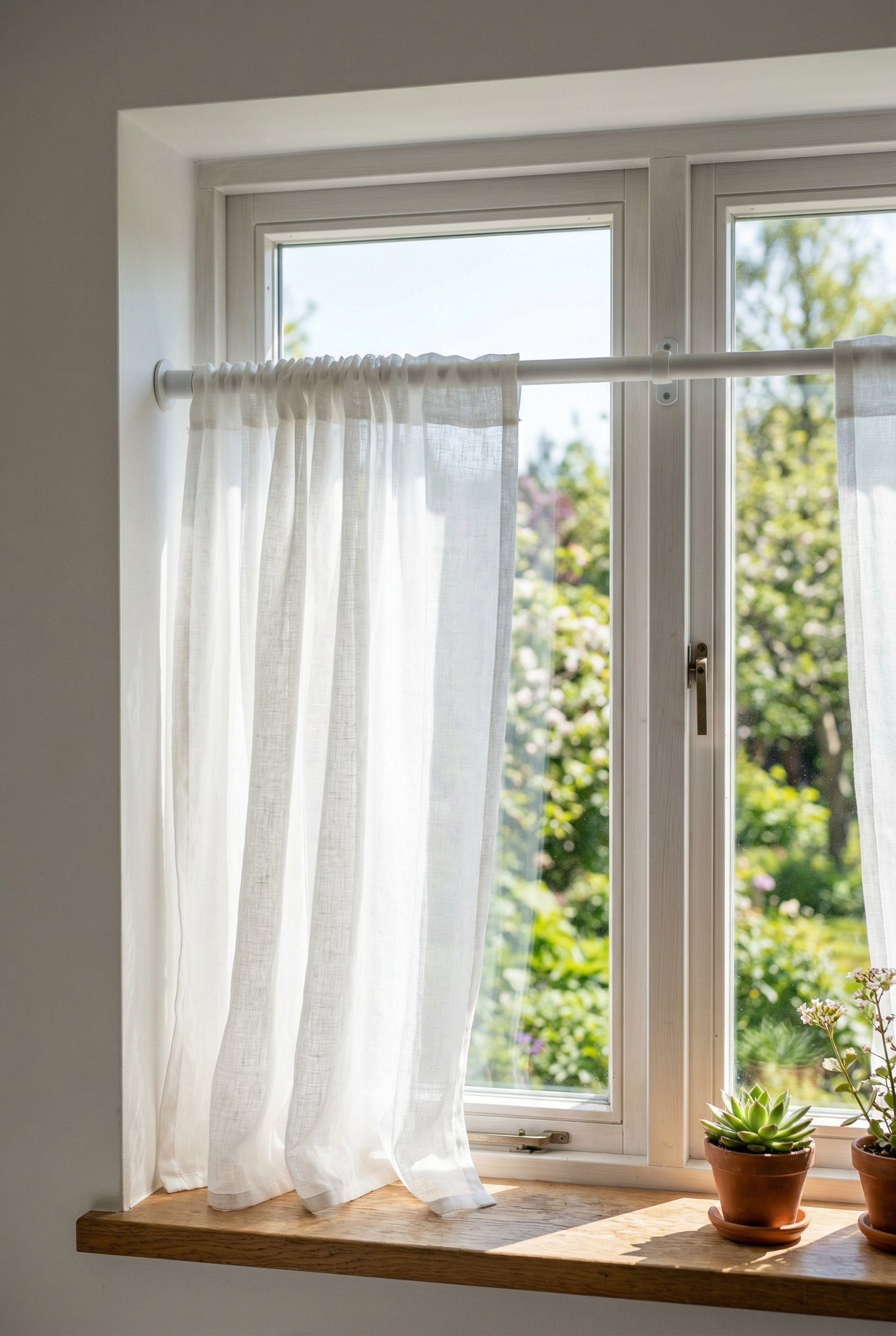 Photorealistic interior photo. Close up of white sheer curtains hanging on a tension rod inside a window frame, bright spring sunlight filtering through, modern aesthetic. Editorial photography style,