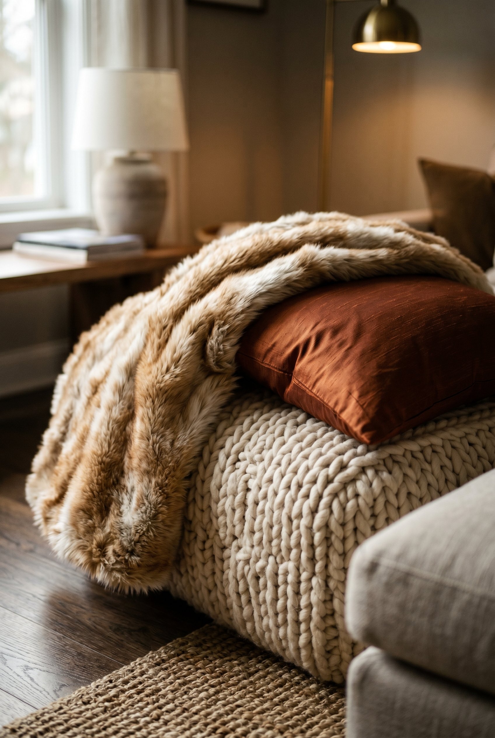 Photorealistic interior photo. Close up on layered living room textures, a chunky knit ottoman, faux fur blanket draped over a silk throw pillow, soft warm lighting, macro camera angle. Editorial phot