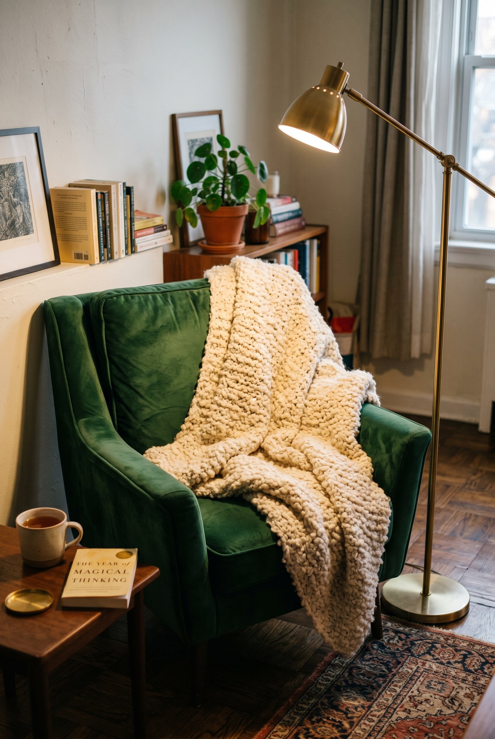 Photorealistic interior photo. Close up on textures, a chunky bouclé knit throw blanket draped over a slick green velvet armchair, a brushed brass floor lamp beside it, warm focused lighting. Editoria