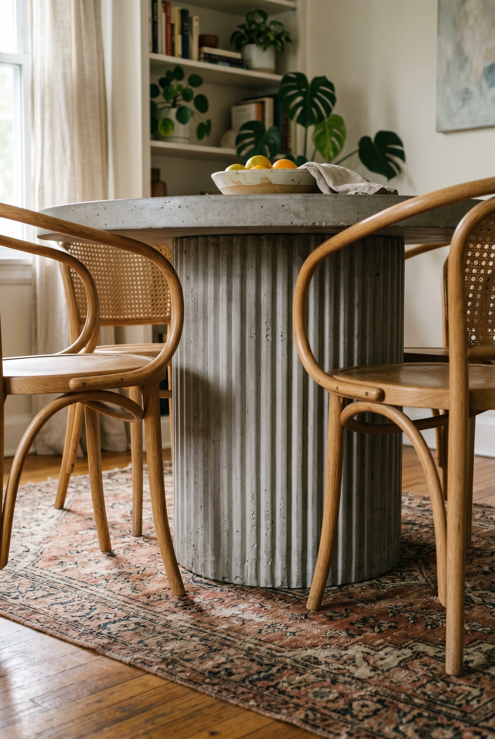 Photorealistic interior photo. Close-up shot of a ribbed, fluted pedestal base of a round concrete dining table, partially visible curved wooden chairs tucked in, natural shadows. Editorial photograph