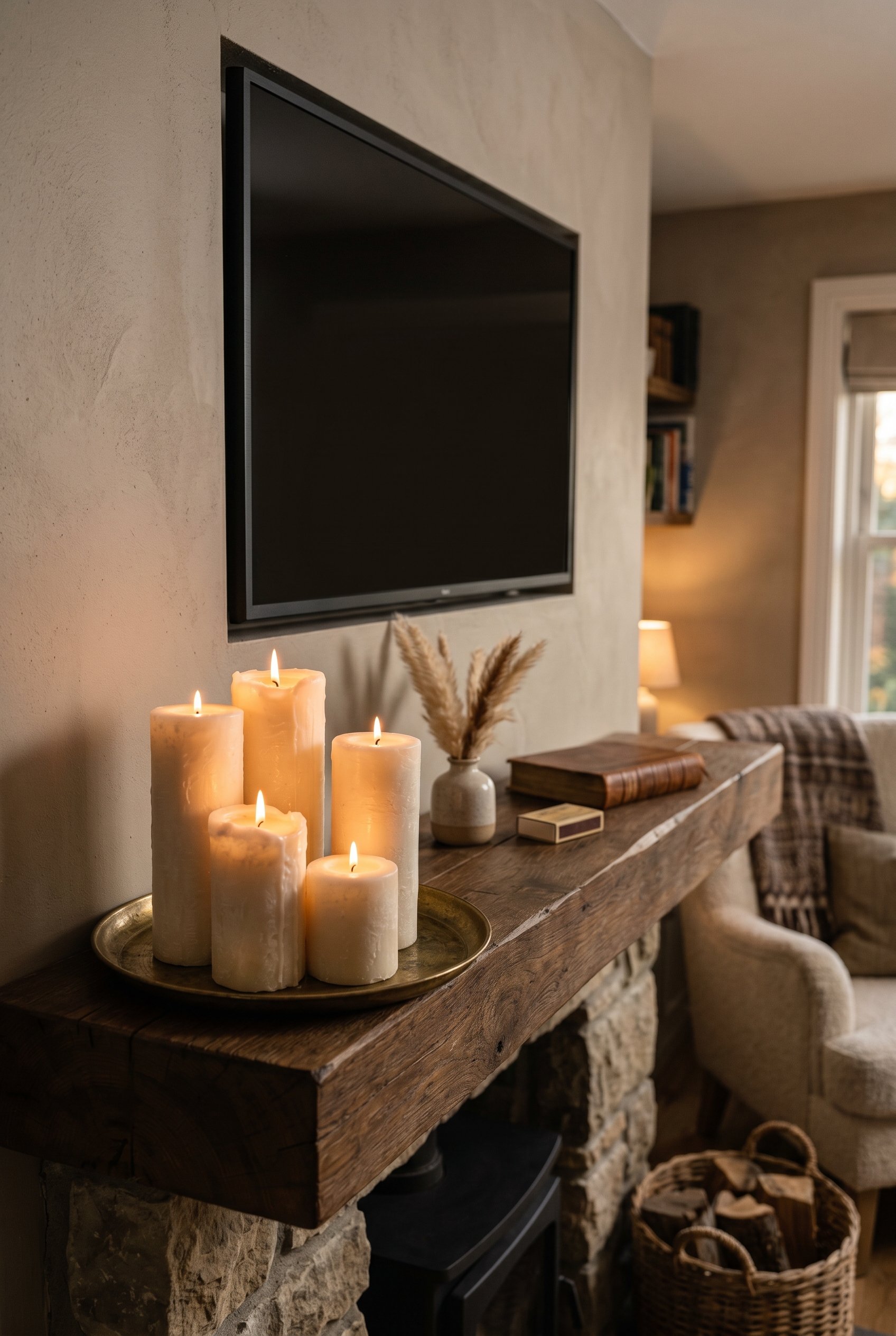Photorealistic interior photo. Cluster of five thick, textured ivory pillar candles of varying heights sitting on a flat brass tray on a wooden mantelpiece, positioned below a sleek flat screen TV. Wa