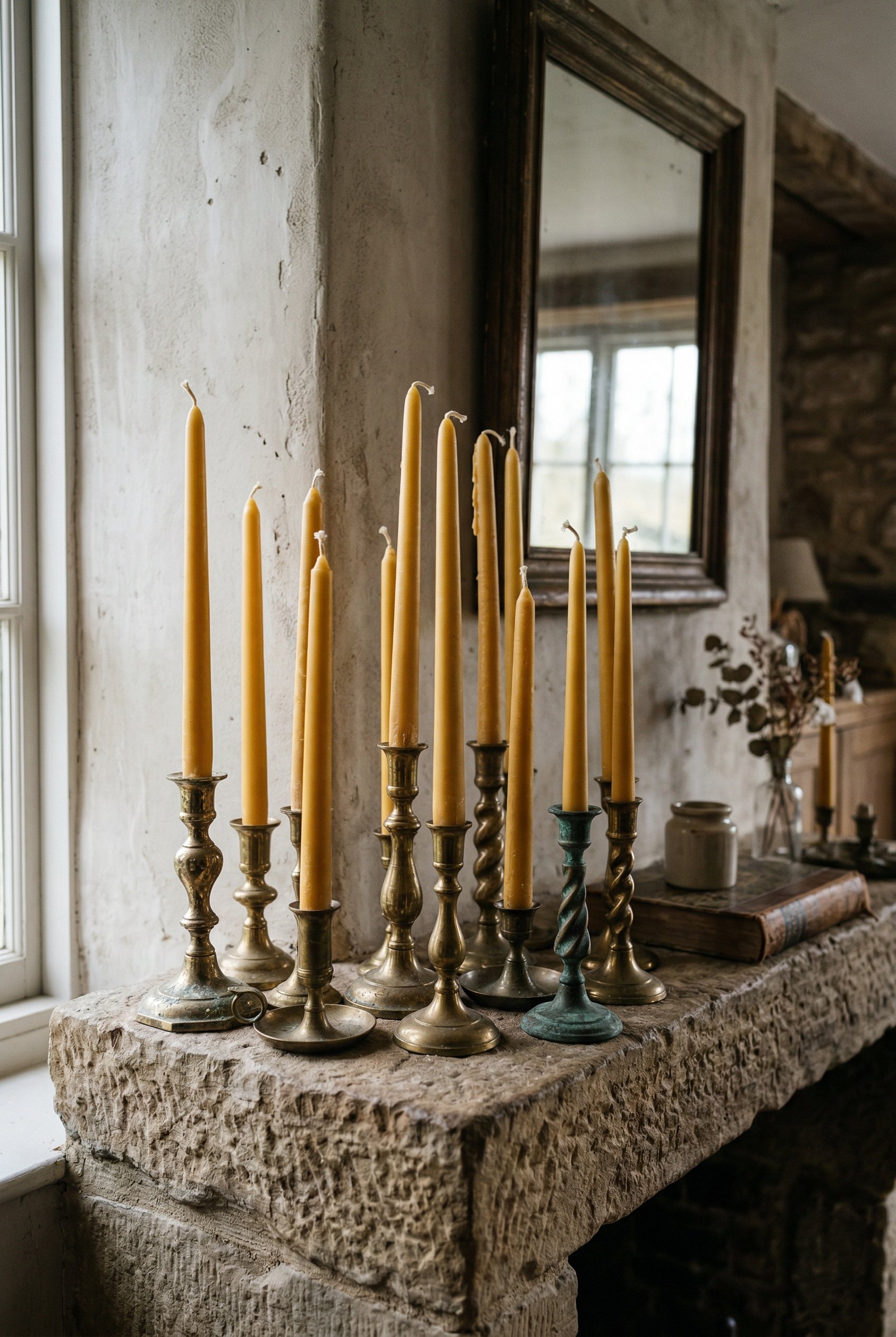 Photorealistic interior photo. Cluster of tall, raw yellow beeswax taper candles in mismatched vintage brass candleholders on a stone mantel, unlit, natural moody lighting. Editorial photography style