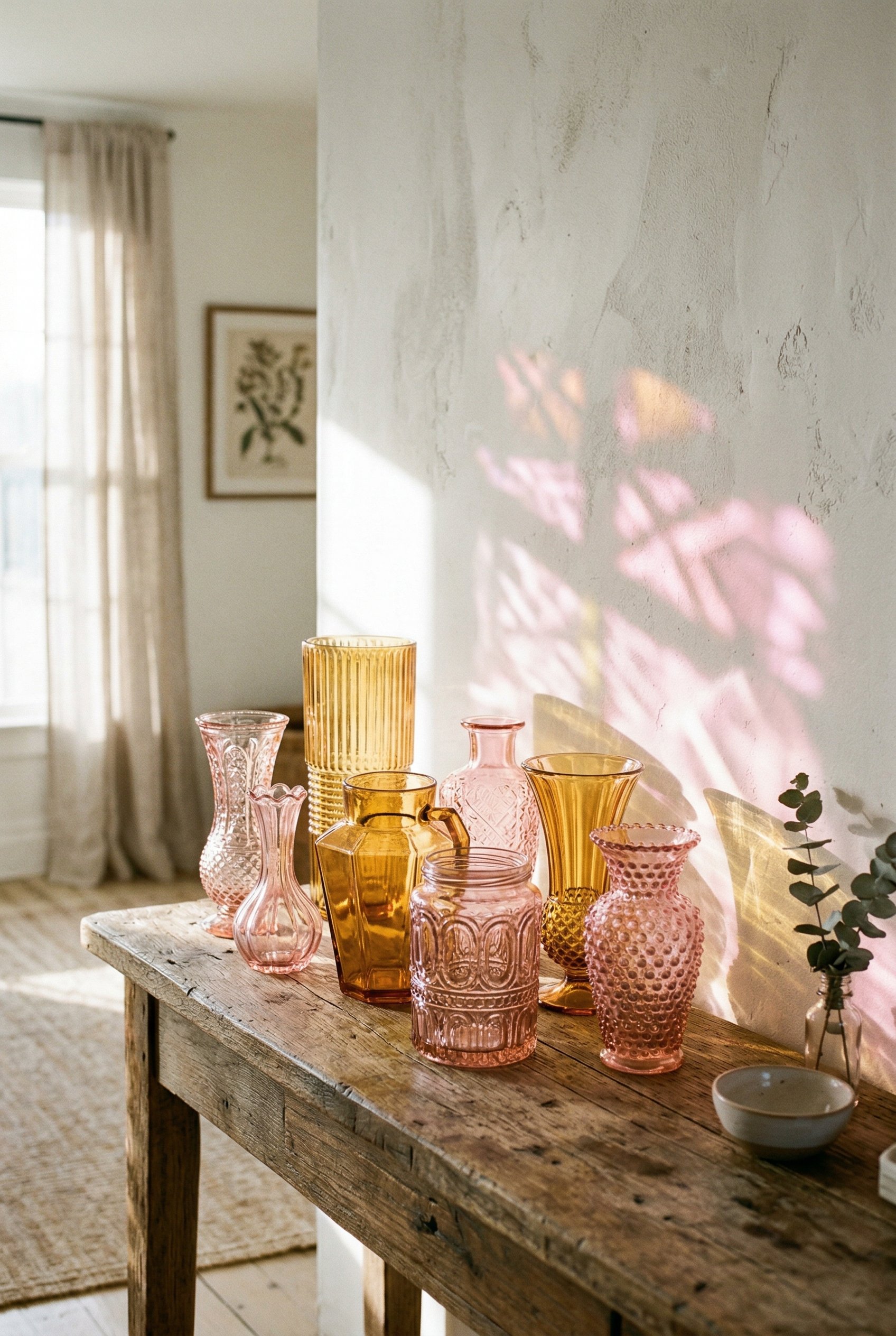 Photorealistic interior photo. Cluster of vintage pink and amber depression glass vases on a wood console table, sunlight casting colorful shadows on a white wall. Editorial photography style, no peop
