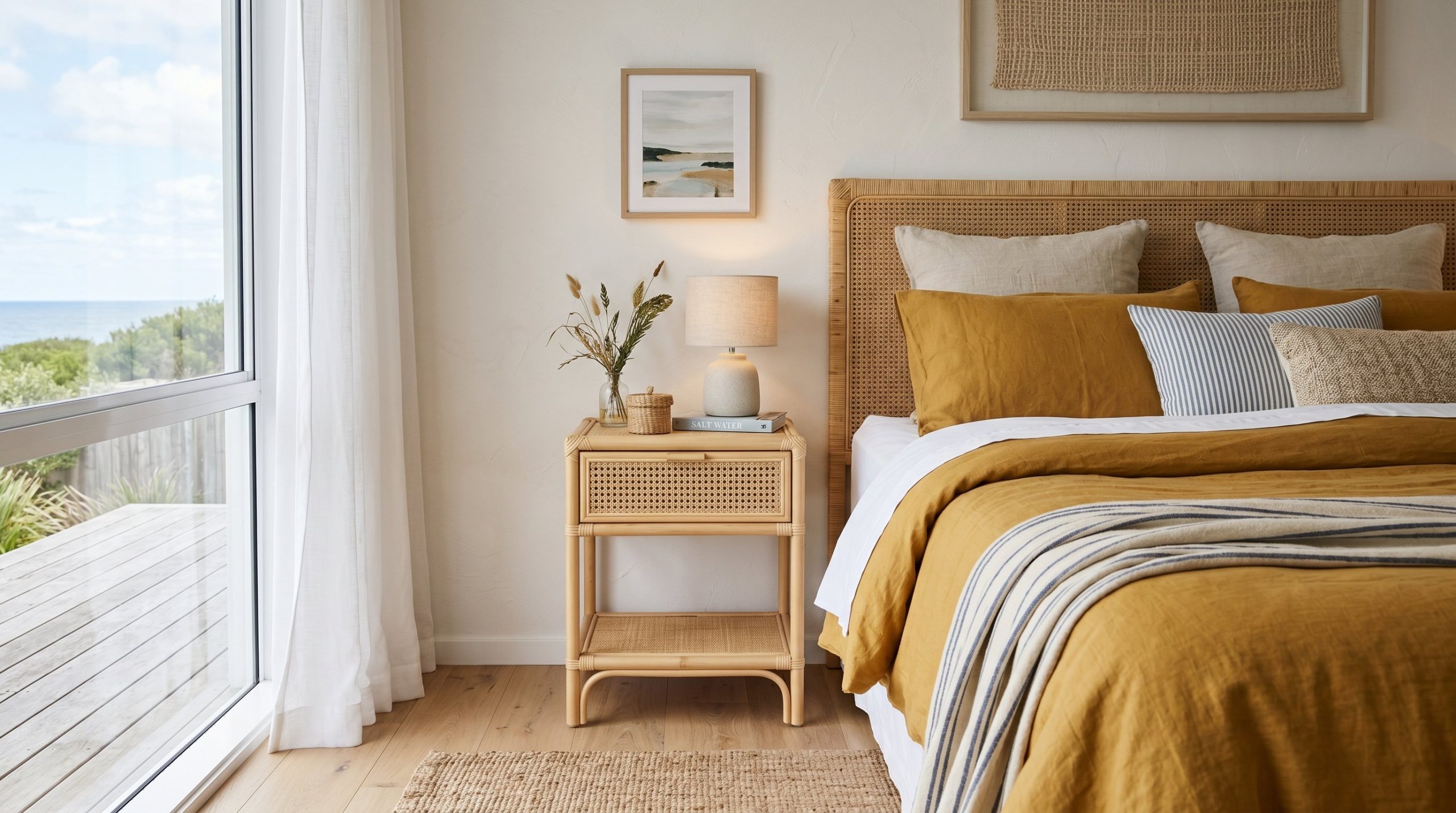 Photorealistic interior photo. Coastal bedroom featuring a light rattan cane nightstand sitting next to a bed with muted mustard yellow bedding. Editorial photography style, bright and airy lighting, 