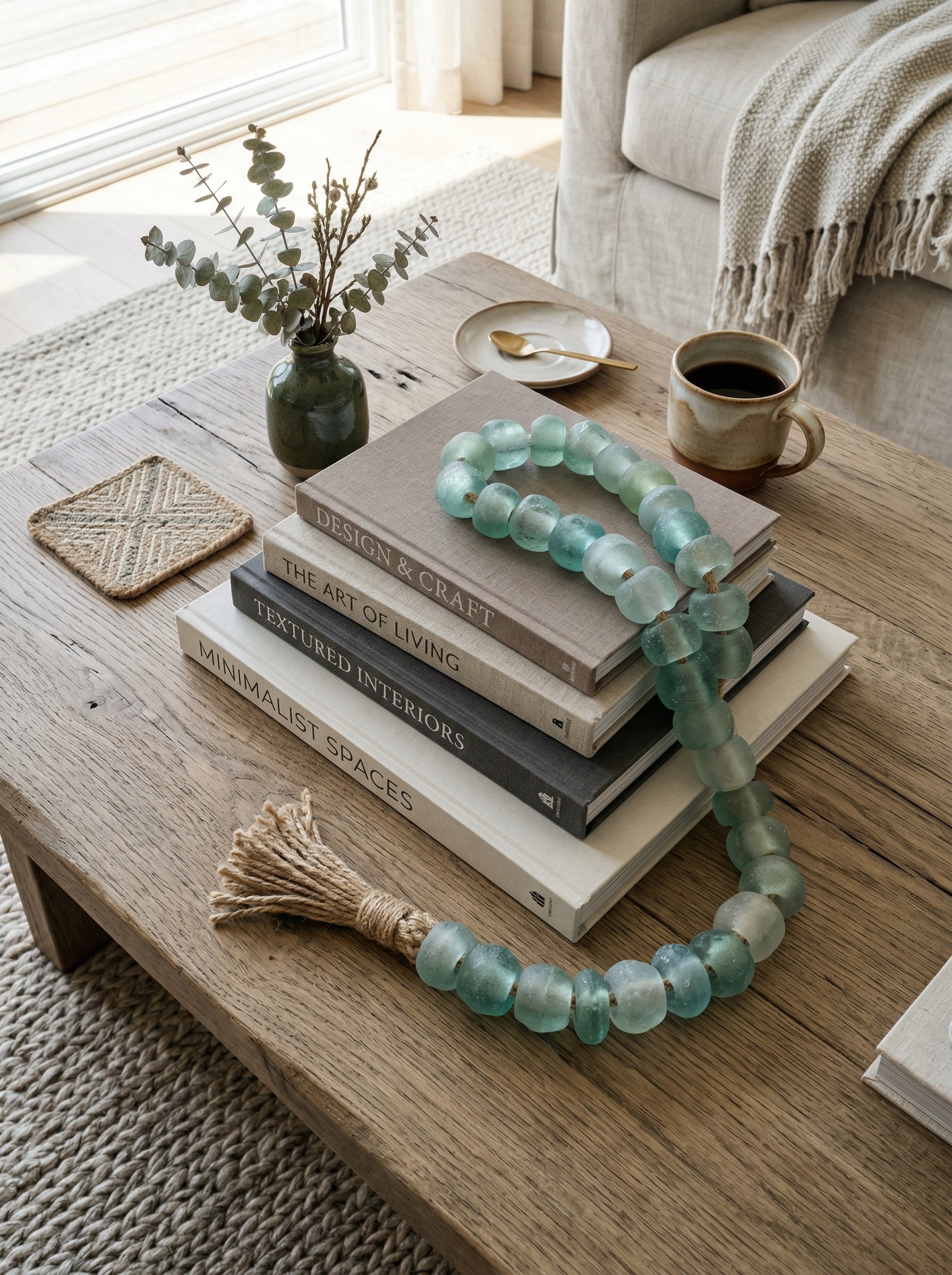 Photorealistic interior photo. Coffee table styling featuring chunky recycled glass beads draped over design books, soft daylight, top-down angle. Editorial photography style, no people visible.
