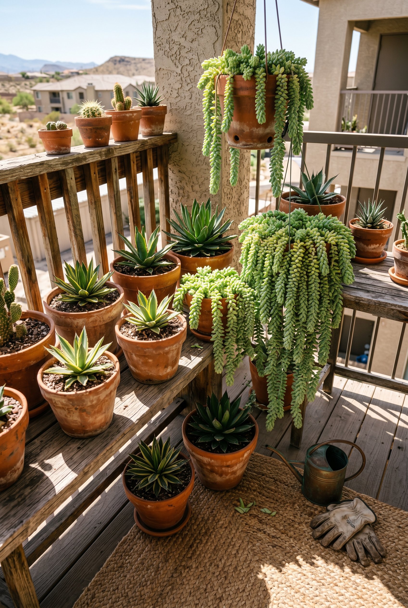 Photorealistic interior photo. Collection of agave and trailing burro's tail succulents in terracotta pots on a sunny balcony, harsh midday desert-style lighting, high angle. Editorial photography sty