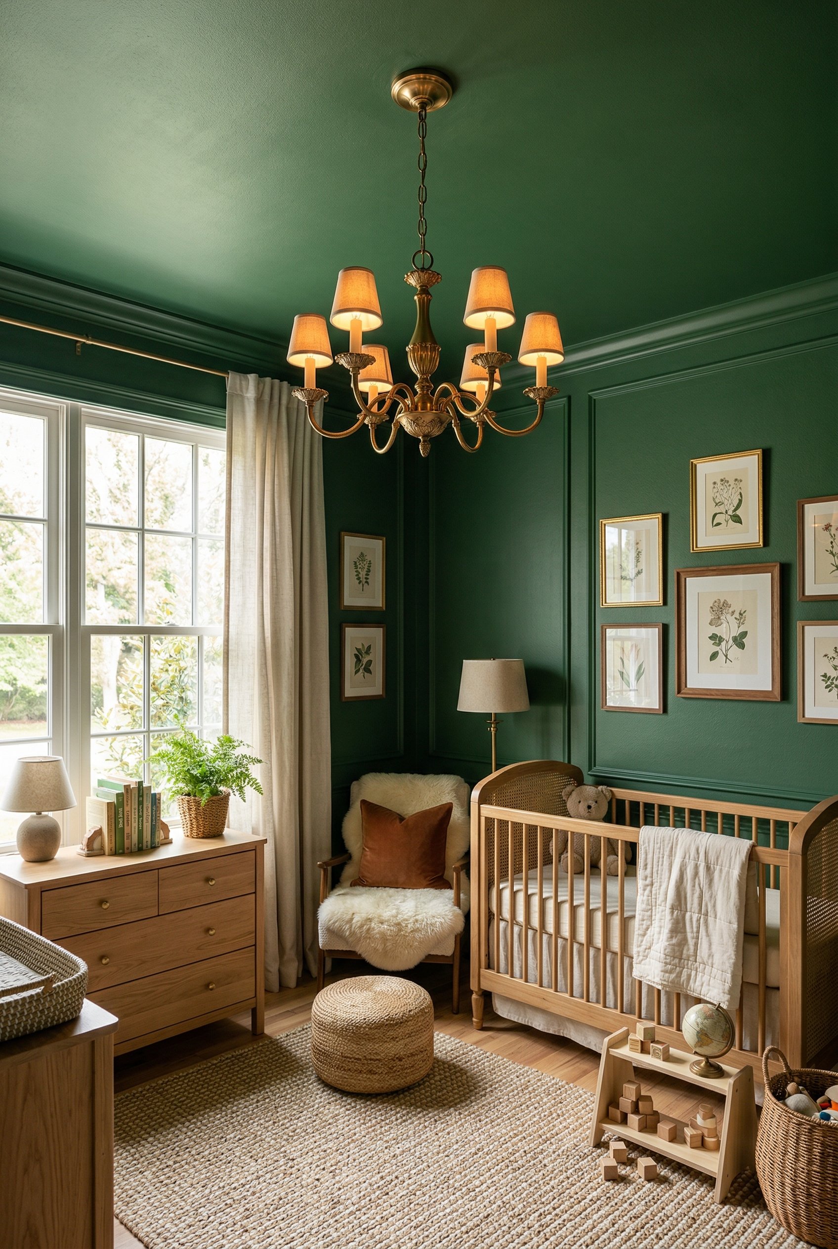 Photorealistic interior photo. Color drenched nursery with walls and ceiling painted the exact same forest green, brass chandelier hanging from the green ceiling, bright window light. Editorial photog