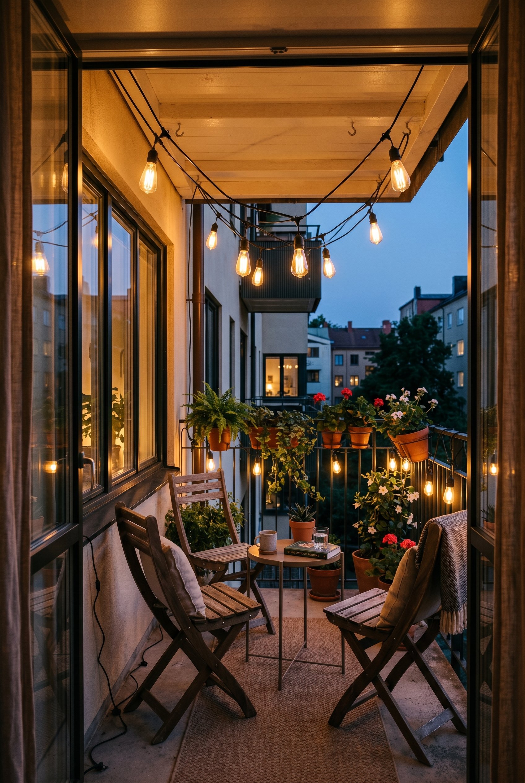 Photorealistic interior photo. Commercial-grade solar string lights with Edison bulbs hanging above a small balcony seating area, glowing warmly at dusk, upward angle. Editorial photography style, no 