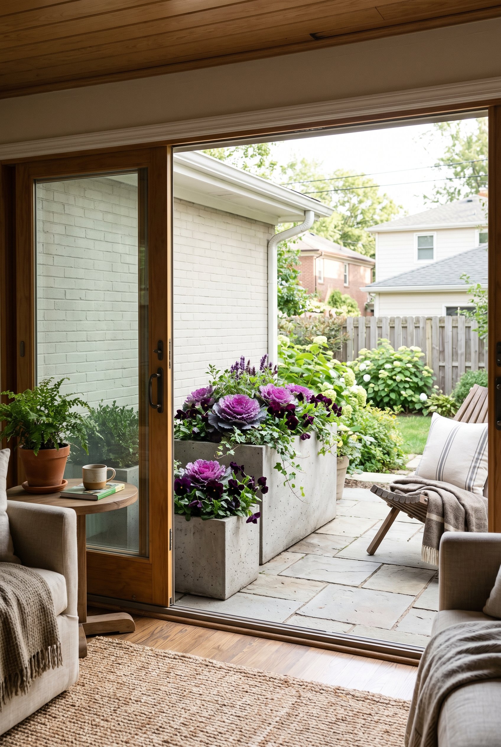 Photorealistic interior photo. Concrete porch planters filled with purple ornamental cabbage and dark pansies. High-end modern outdoor styling, bright natural lighting, editorial photography style, no