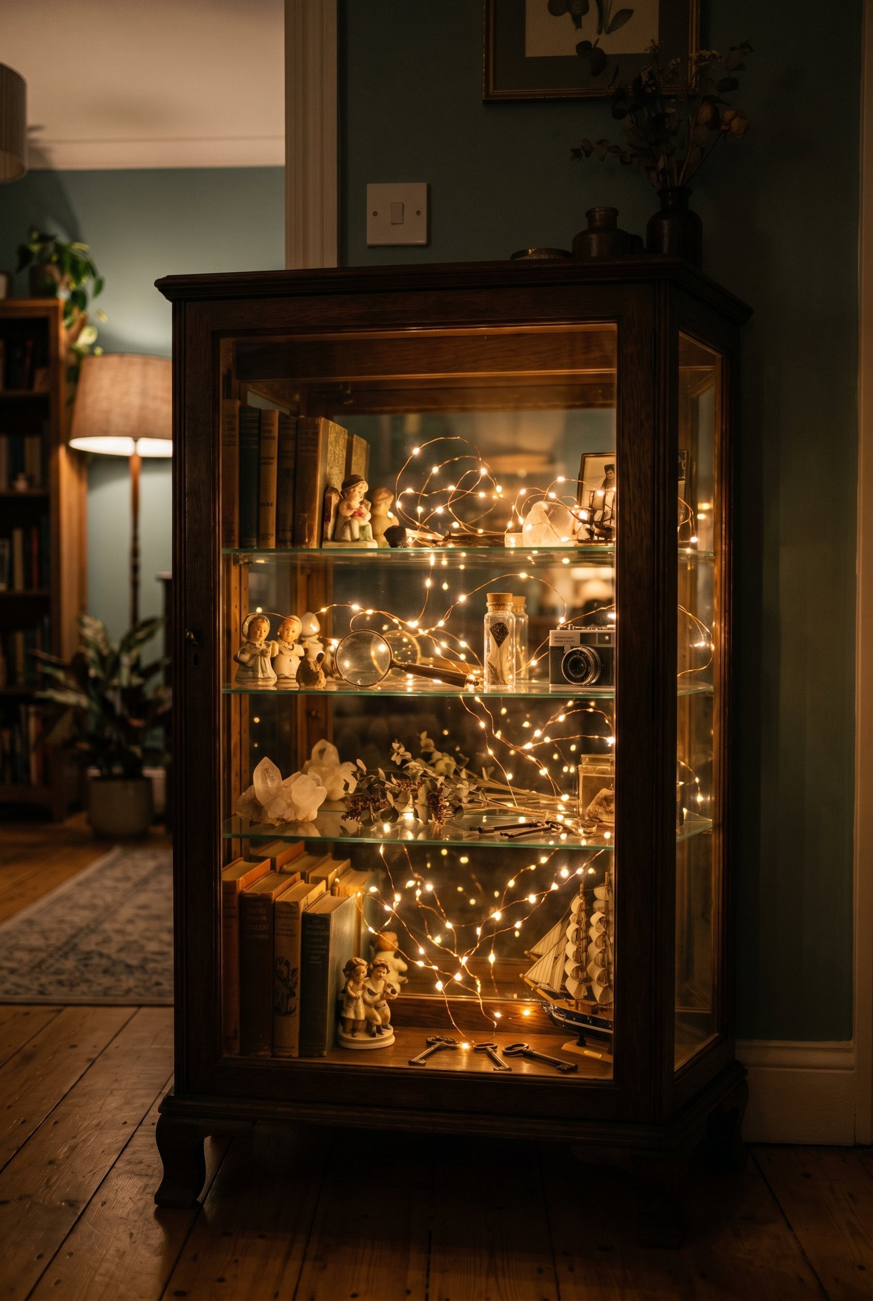 Photorealistic interior photo. Copper wire fairy lights coiled inside a vintage glass display cabinet, illuminating a collection of curiosities. Editorial photography style, dark room with warm ambien
