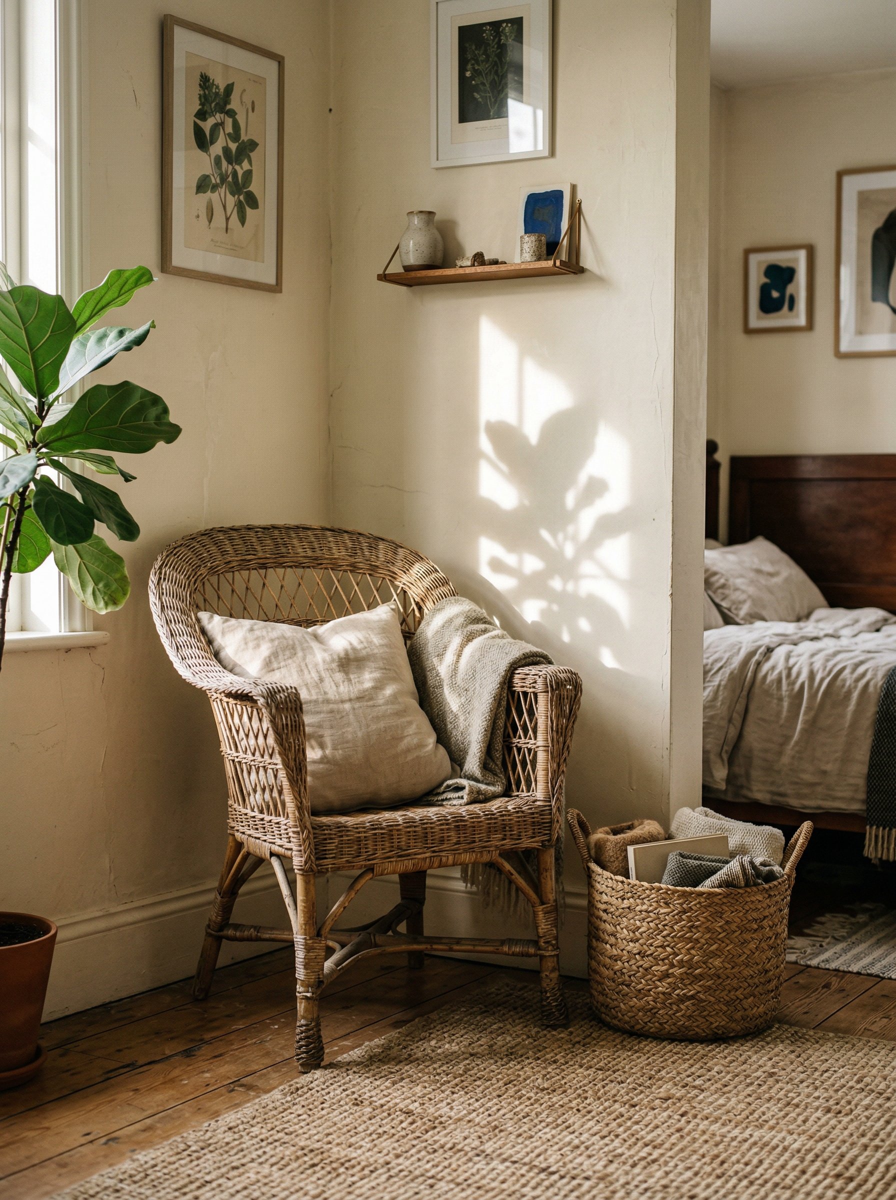Photorealistic interior photo. Corner of a bedroom with a vintage, slightly weathered wicker chair, natural seagrass basket, afternoon shadows, eye-level angle. Editorial photography style, no people 