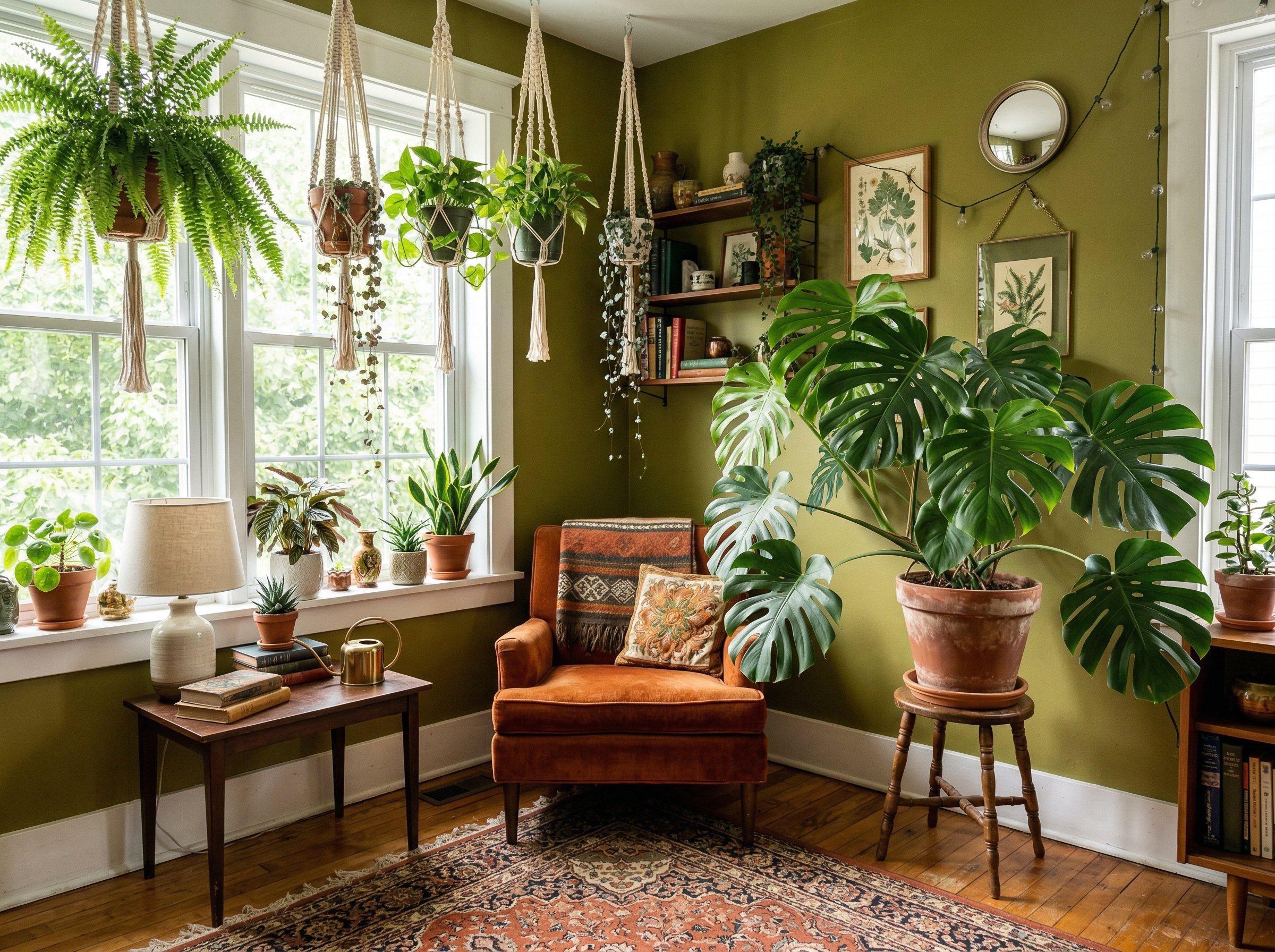 Photorealistic interior photo. Corner of a retro living room filled with lush houseplants, including a large Monstera and hanging Boston ferns in macrame planters, bright window lighting. Editorial ph