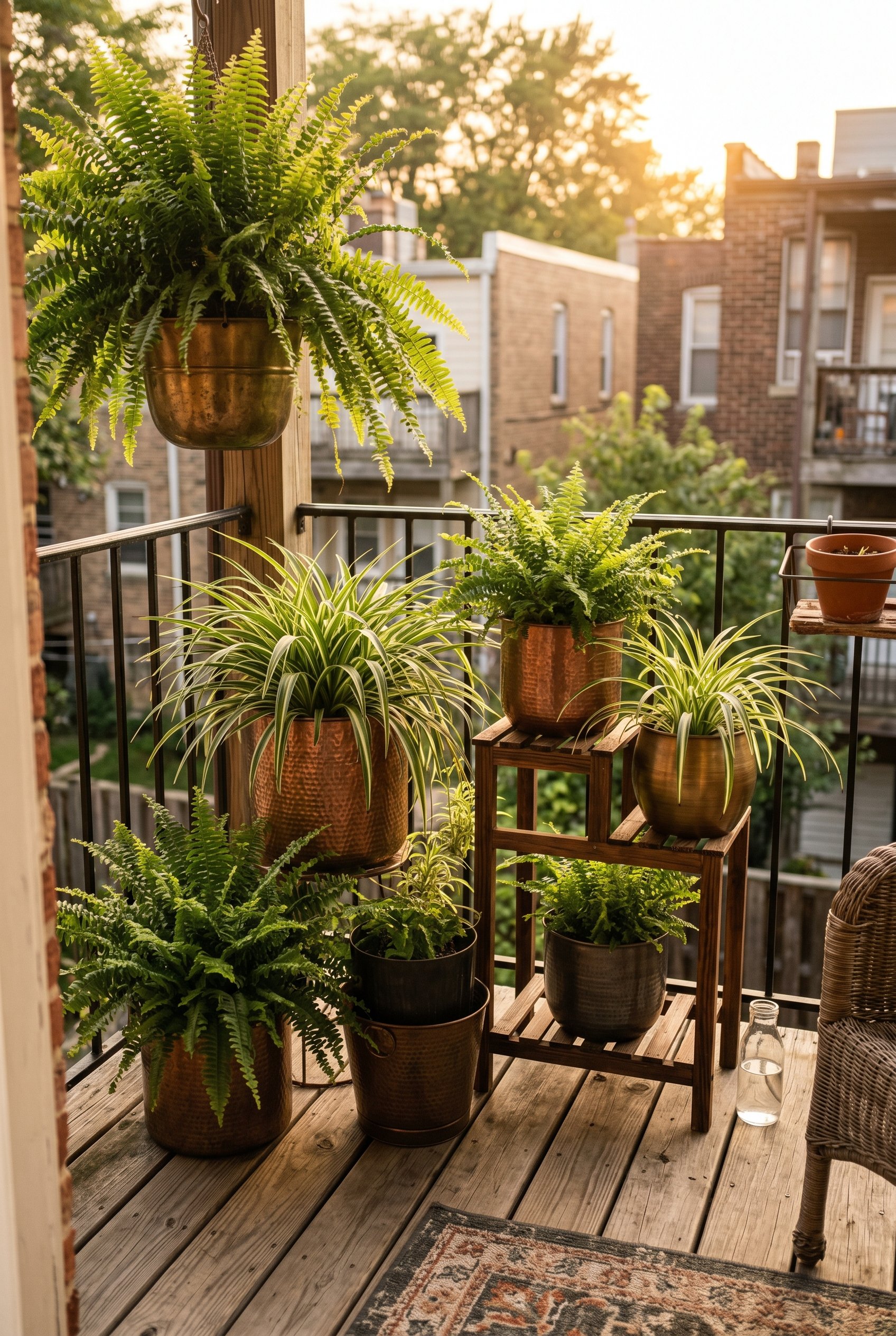 Photorealistic interior photo. Corner of a small sunny deck filled with varying heights of spun-metal planters containing lush Boston ferns and spider plants. Golden hour lighting, eye-level camera an