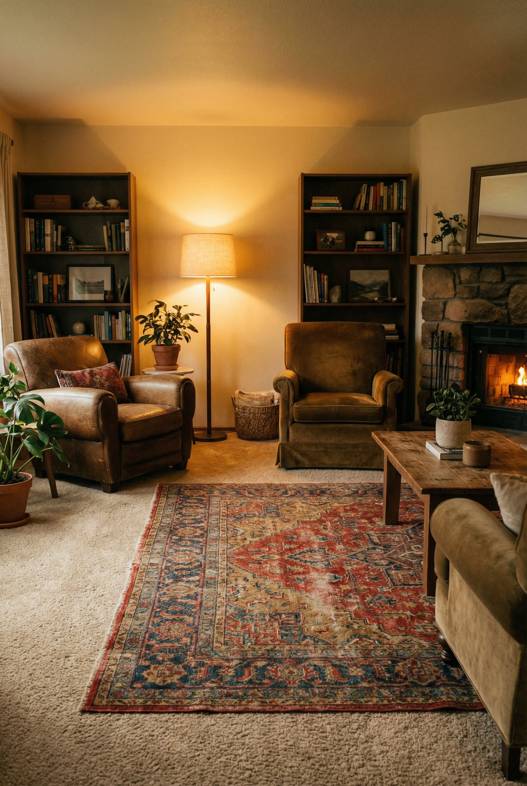 Photorealistic interior photo. Cozy living room, vintage patterned wool rug layered over beige carpet, warm low lighting, eye-level camera angle. Editorial photography style, no people visible.