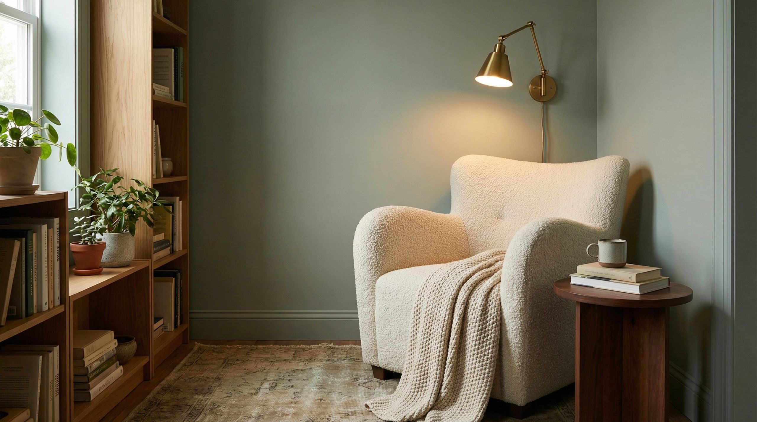Photorealistic interior photo. Cozy reading nook in a dead corner, bulky bouclé armchair, tiny wood drink table, warm brass wall sconce. Editorial photography style, no people visible.