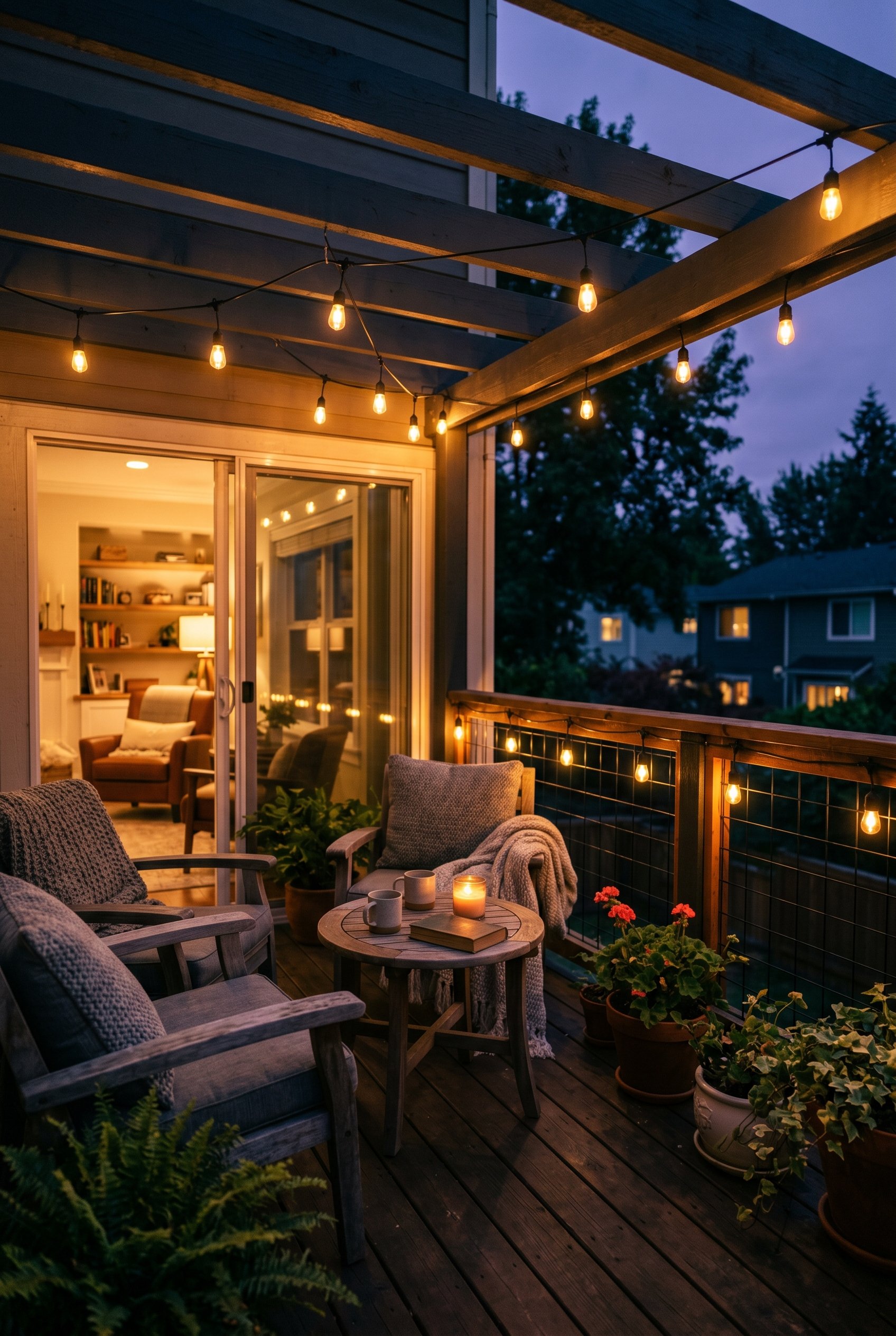 Photorealistic interior photo. Cozy small deck at twilight, illuminated by modern smart outdoor LED string lights emitting a warm amber glow strung across the overhead railing. Moody evening lighting.