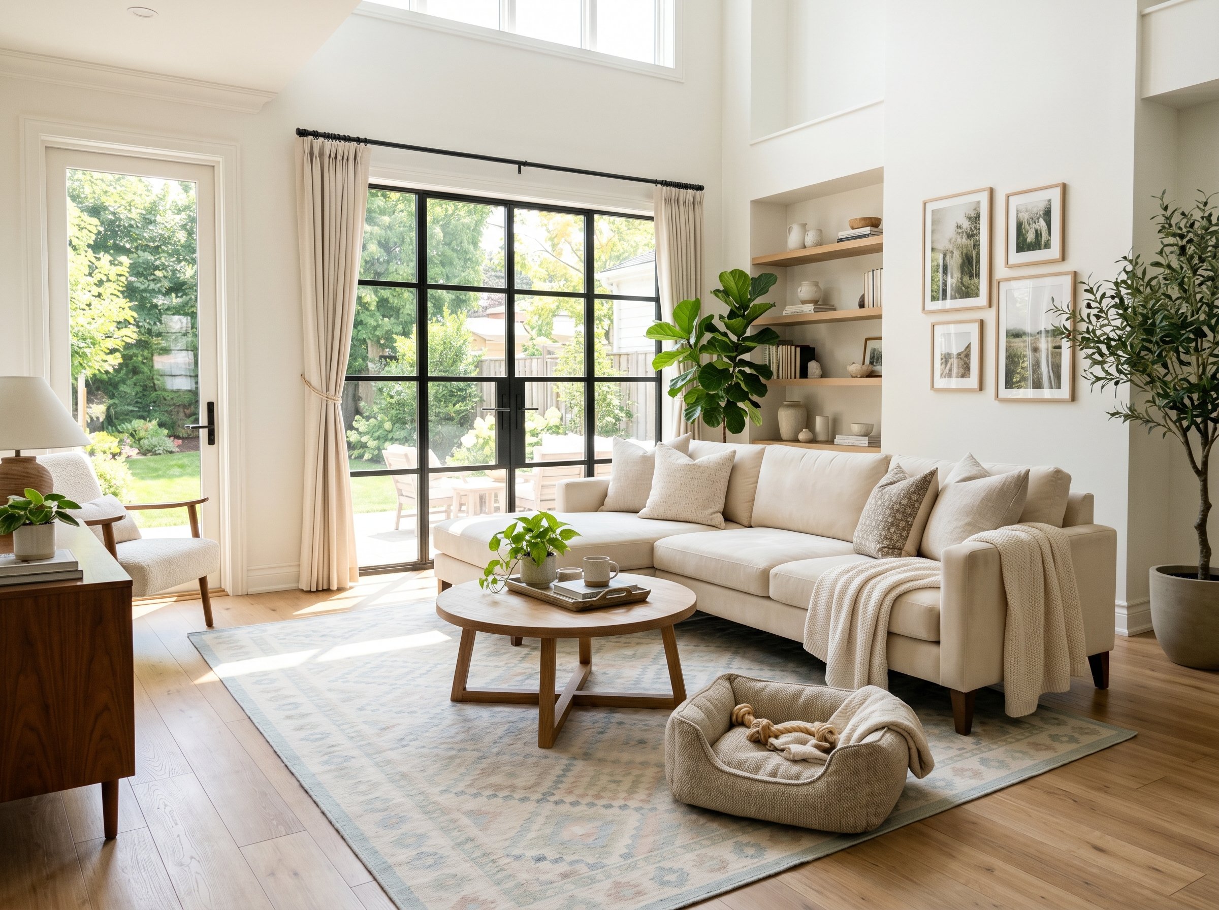 Photorealistic interior photo. Cream performance velvet sofa on a pastel patterned washable rug, chic pet-friendly living room, bright sunny lighting, wide camera angle. Editorial photography style, n