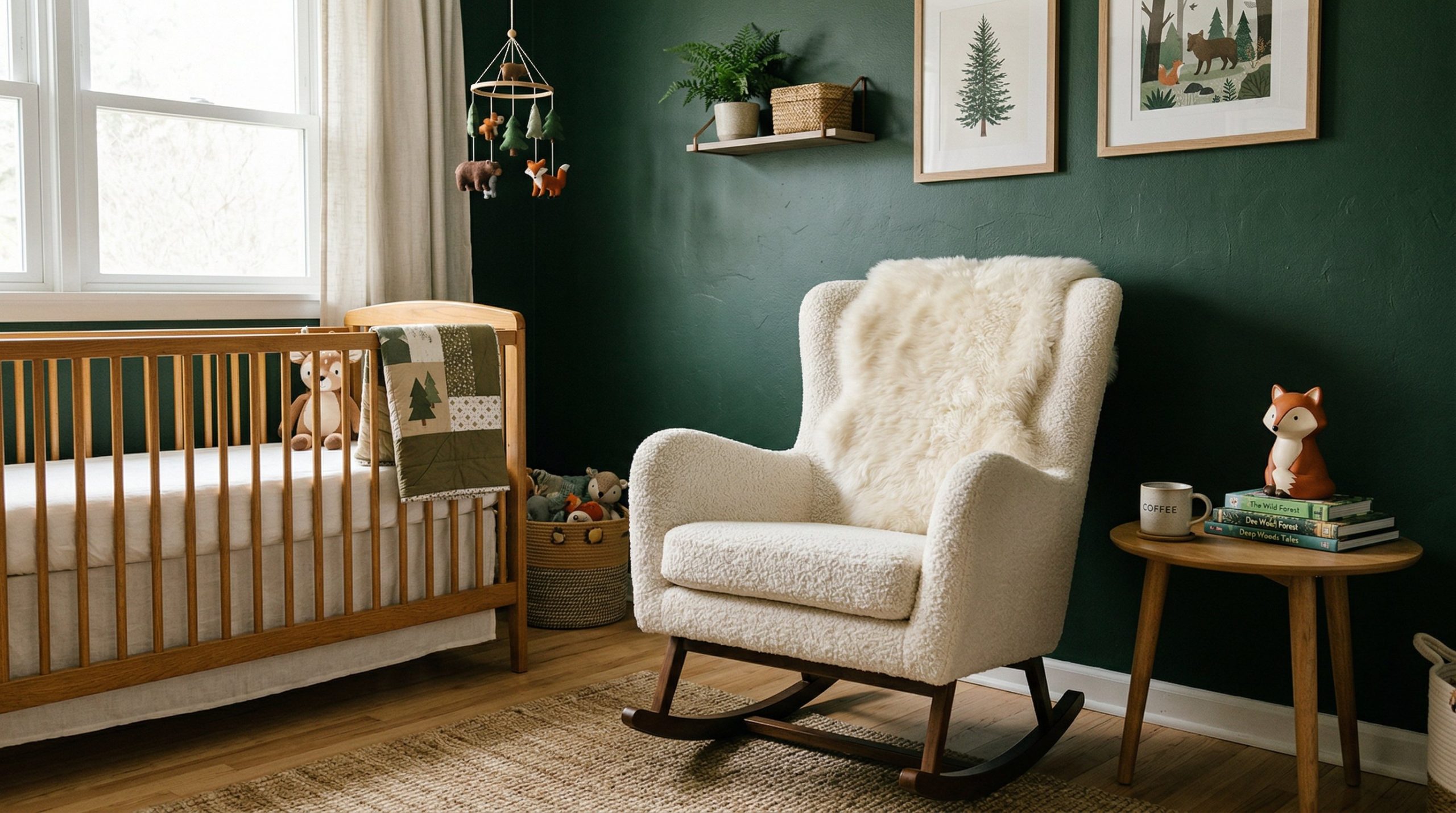 Photorealistic interior photo. Creamy white boucle rocking chair with a faux sheepskin rug draped over the back, sitting in a nursery with forest green walls. Editorial photography style, no people vi