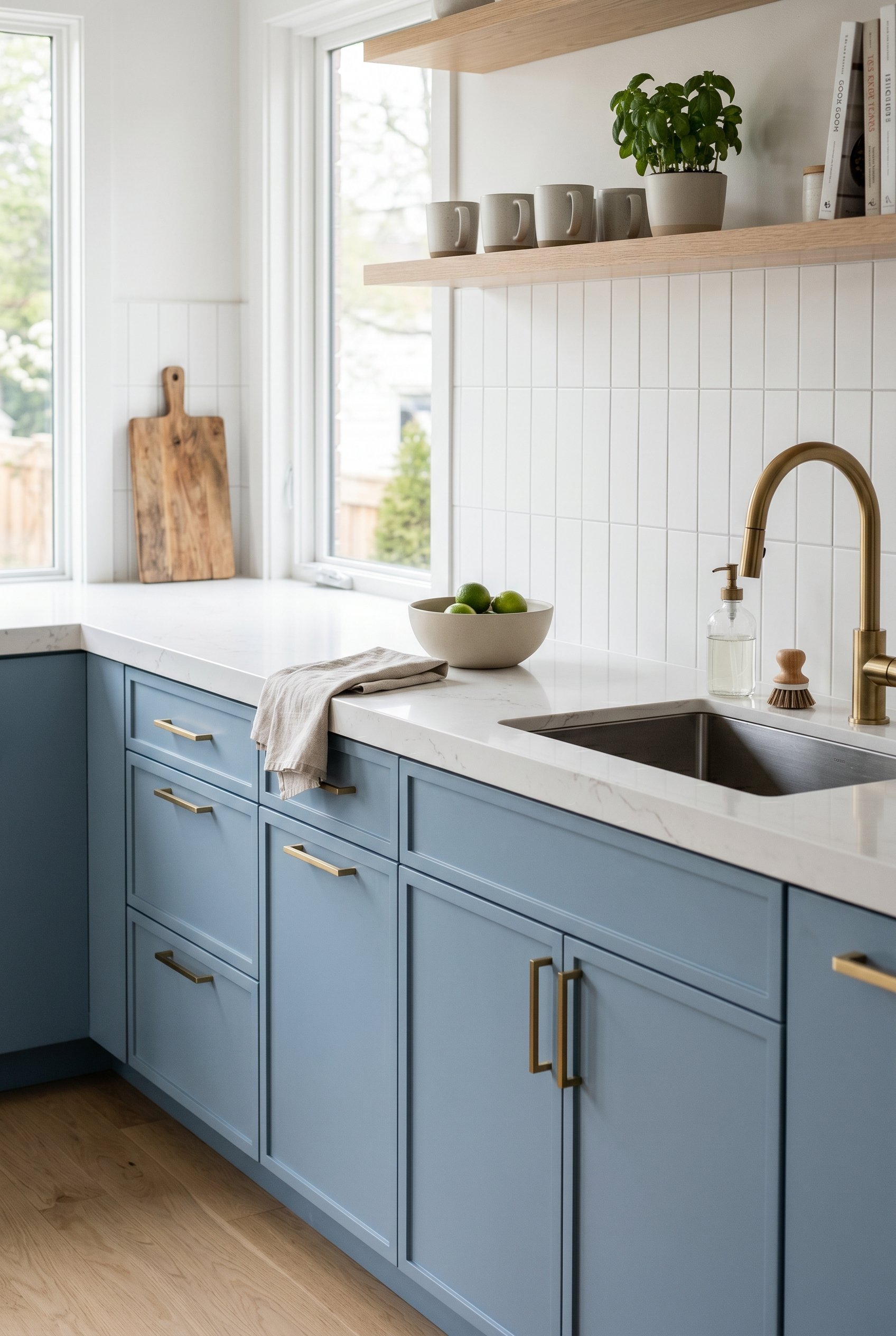 Photorealistic interior photo. Crisp white Caesarstone quartz countertop against French blue base cabinets. Clean lines, minimalist styling. Editorial photography style.