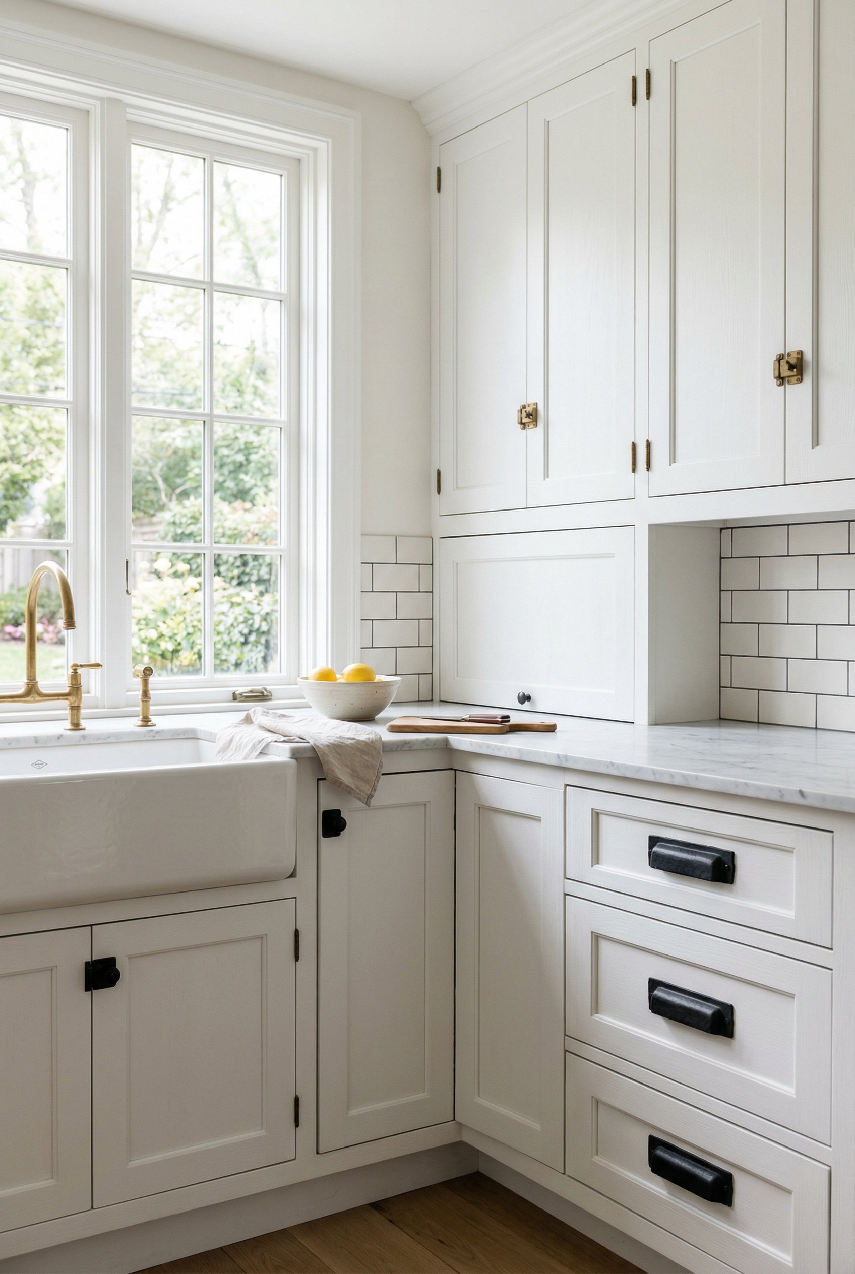 Photorealistic interior photo. Crisp white shaker cabinets with heavy matte black drawer pulls and unlacquered brass cabinet latches. Bright, diffused natural lighting, 45-degree angle. Editorial phot