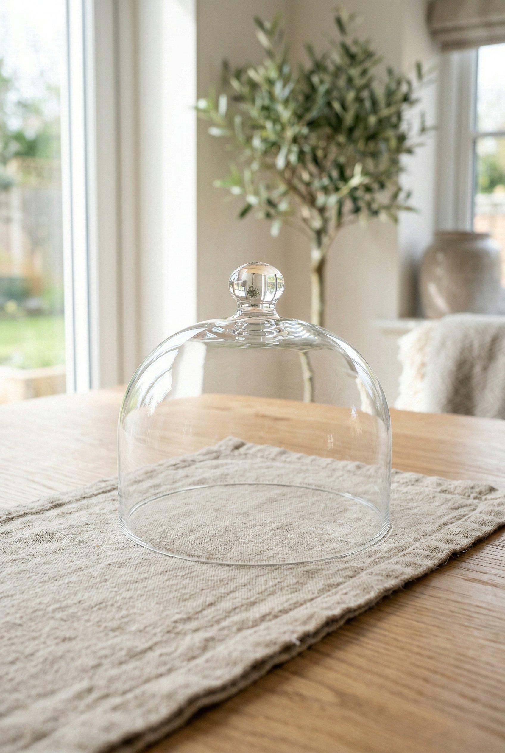 Photorealistic interior photo. Crystal clear, streak-free glass cloche catching the light perfectly, resting empty on a linen runner, bright and airy lighting, close-up camera angle. Editorial photogr