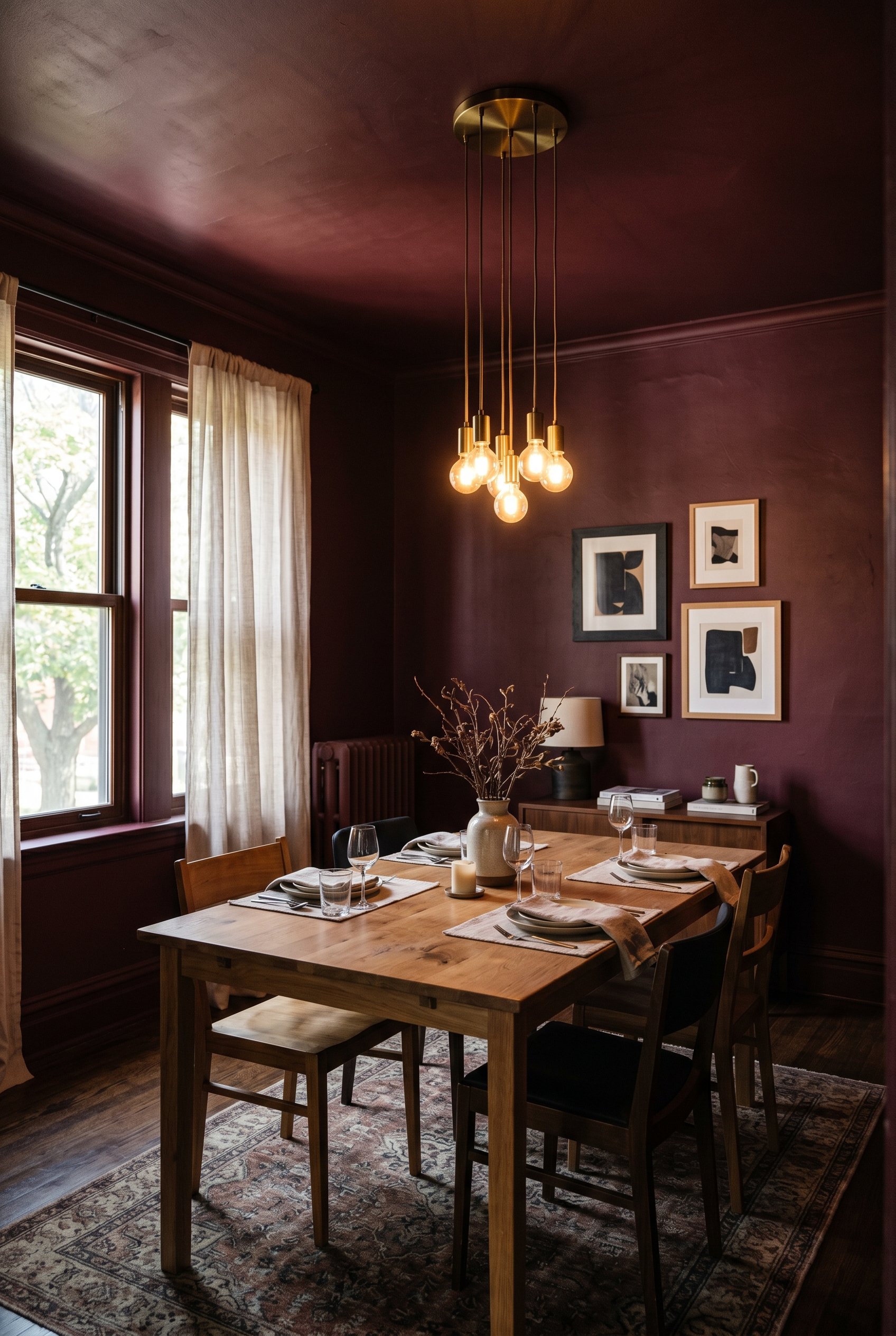 Photorealistic interior photo. Dark burgundy dining room with walls, ceiling, and trim all painted the exact same deep red-purple color. A minimalist wooden dining table. Warm ambient lighting, eye-le