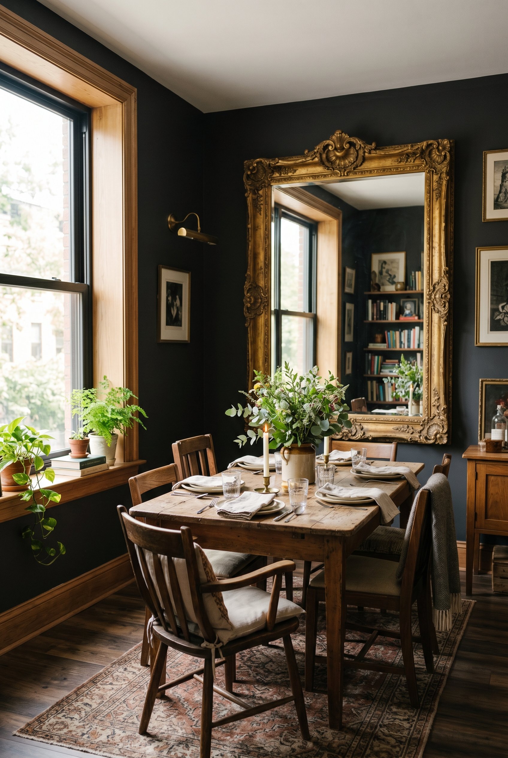 Photorealistic interior photo. Dark charcoal dining room illuminated by bright, soft natural light pouring in through a large window. A massive ornate antique gold mirror on the opposite wall reflects