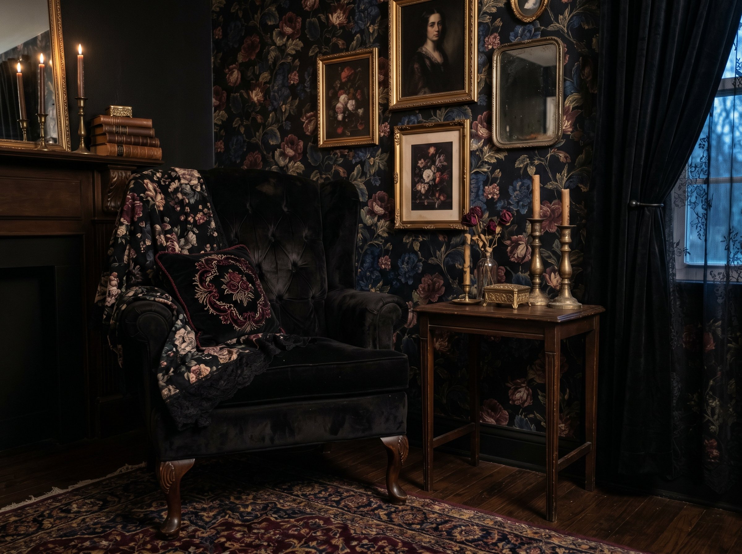 Photorealistic interior photo. Dark coquette aesthetic living room, dark floral wallpaper, oversized black velvet armchair, tarnished brass candlesticks, moody low lighting, medium shot. Editorial pho