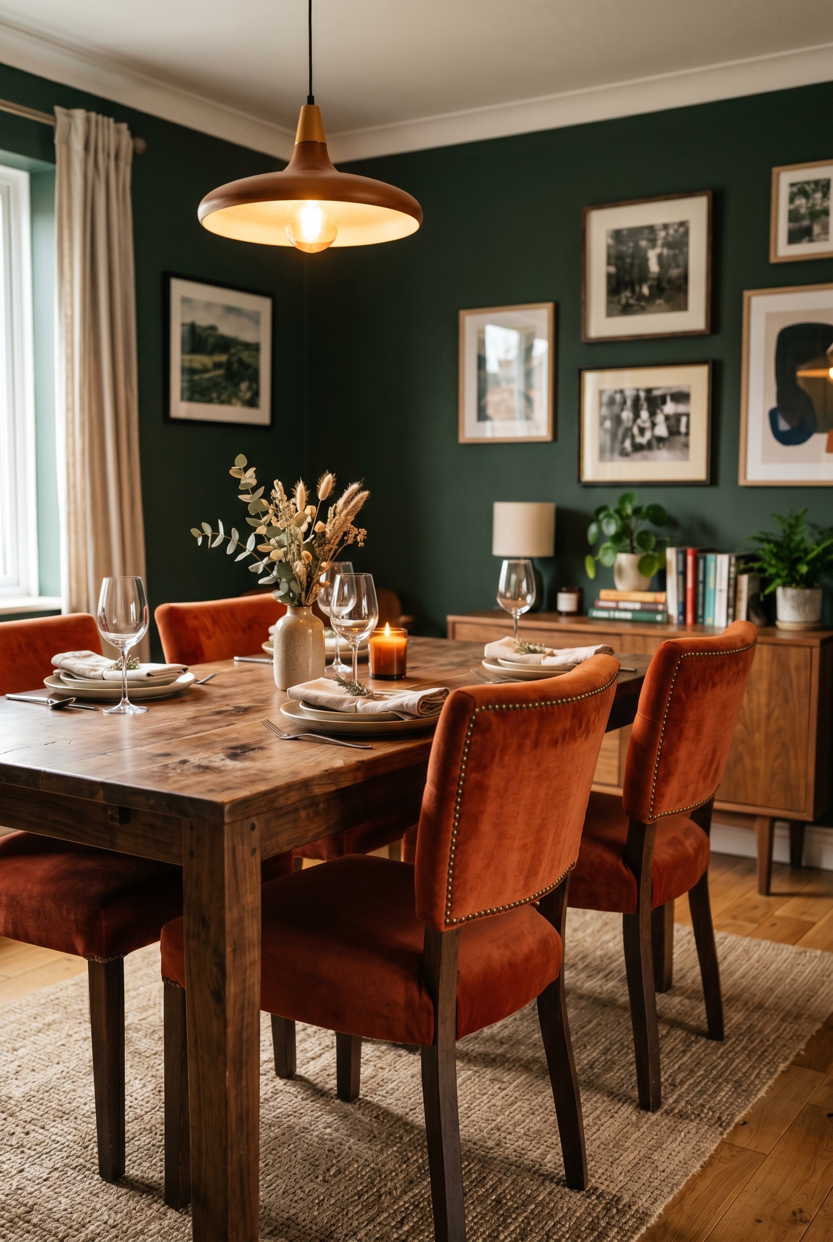 Photorealistic interior photo. Dark green dining room featuring rust orange velvet dining chairs pulled up to a solid rich walnut wood table. Warm glow from overhead lighting, close-up on the chair te