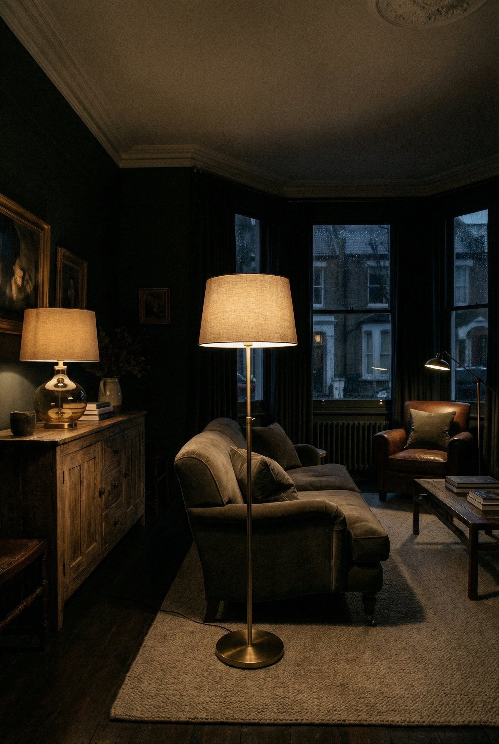 Photorealistic interior photo. Dark moody living room lit only by three warm table and floor lamps, brass fixtures, soft shadows, wide shot. Editorial photography style, no people visible.