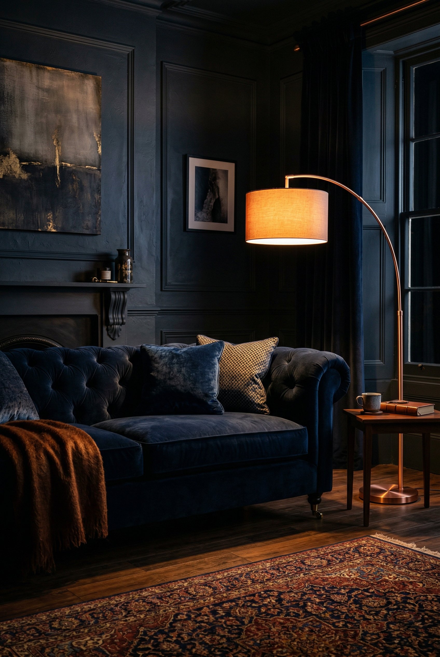Photorealistic interior photo. Dark navy blue velvet sofa with a glowing copper floor lamp beside it, dramatic chiaroscuro lighting, straight-on angle. Editorial photography style, no people visible.