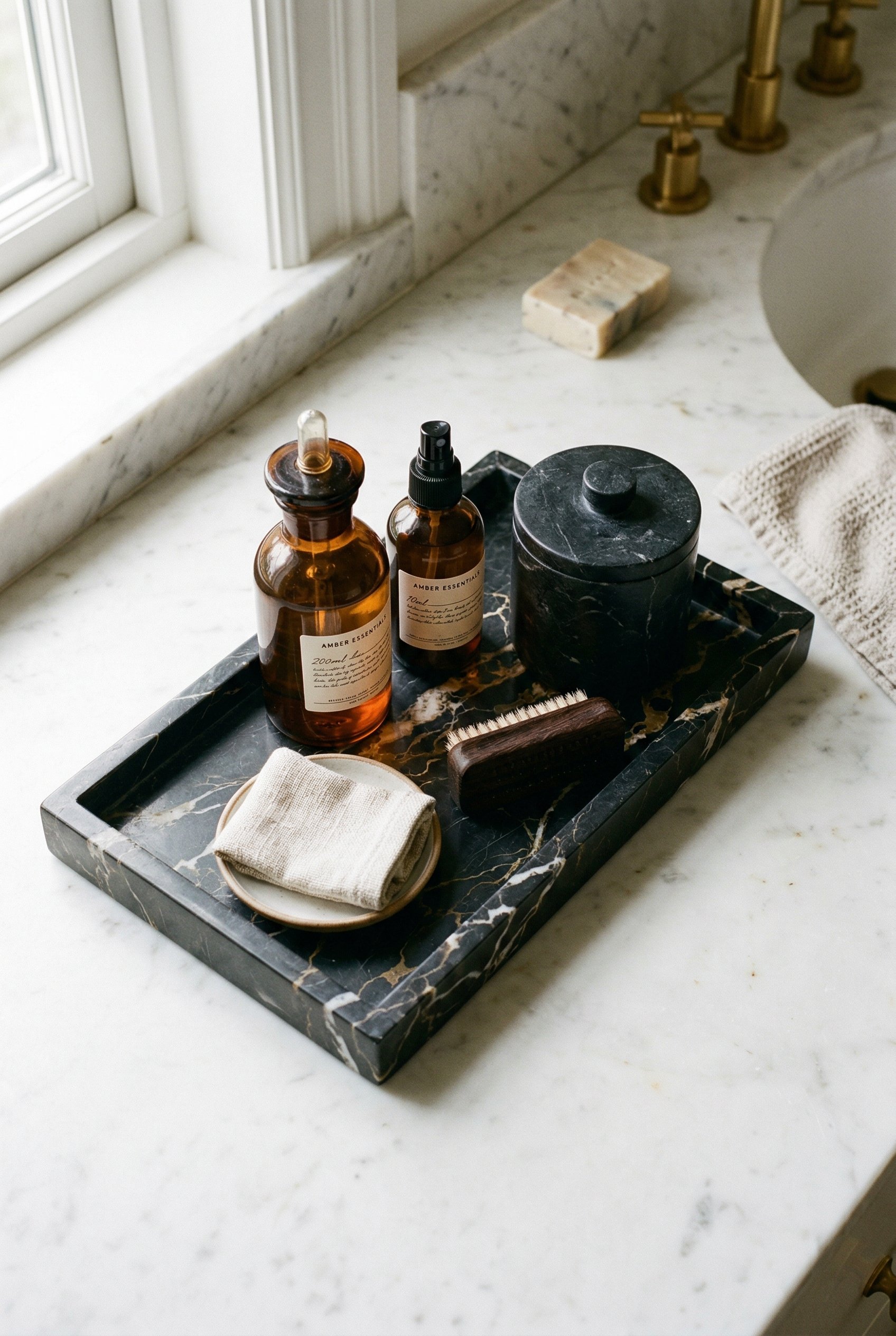 Photorealistic interior photo. Dark veined marble vanity tray holding amber glass apothecary bottles and a black marble canister. Placed on a bathroom counter. Editorial photography style, top-down an