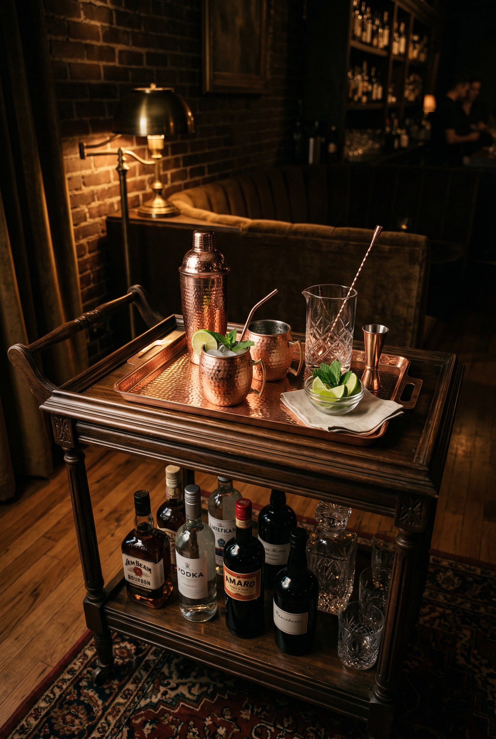 Photorealistic interior photo. Dark walnut bar cart styled with a solid copper tray, hammered copper cocktail shaker, and Moscow mule mugs, moody speakeasy lighting, high angle. Editorial photography 