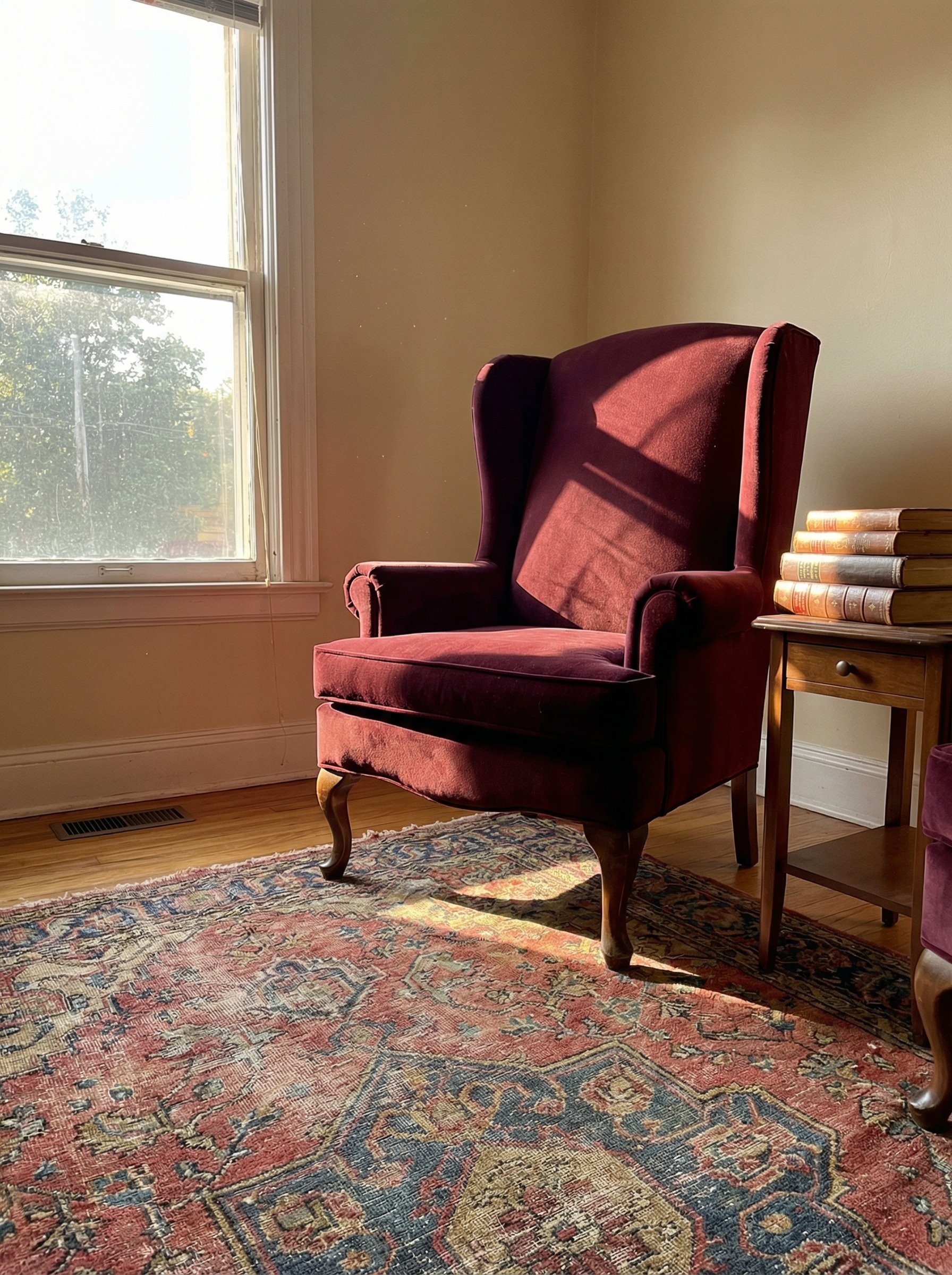 Photorealistic interior photo. Deep burgundy performance velvet wingback chair sitting on a vintage rug. Soft afternoon sunlight hitting the fabric, showcasing the texture. Low camera angle. Editorial