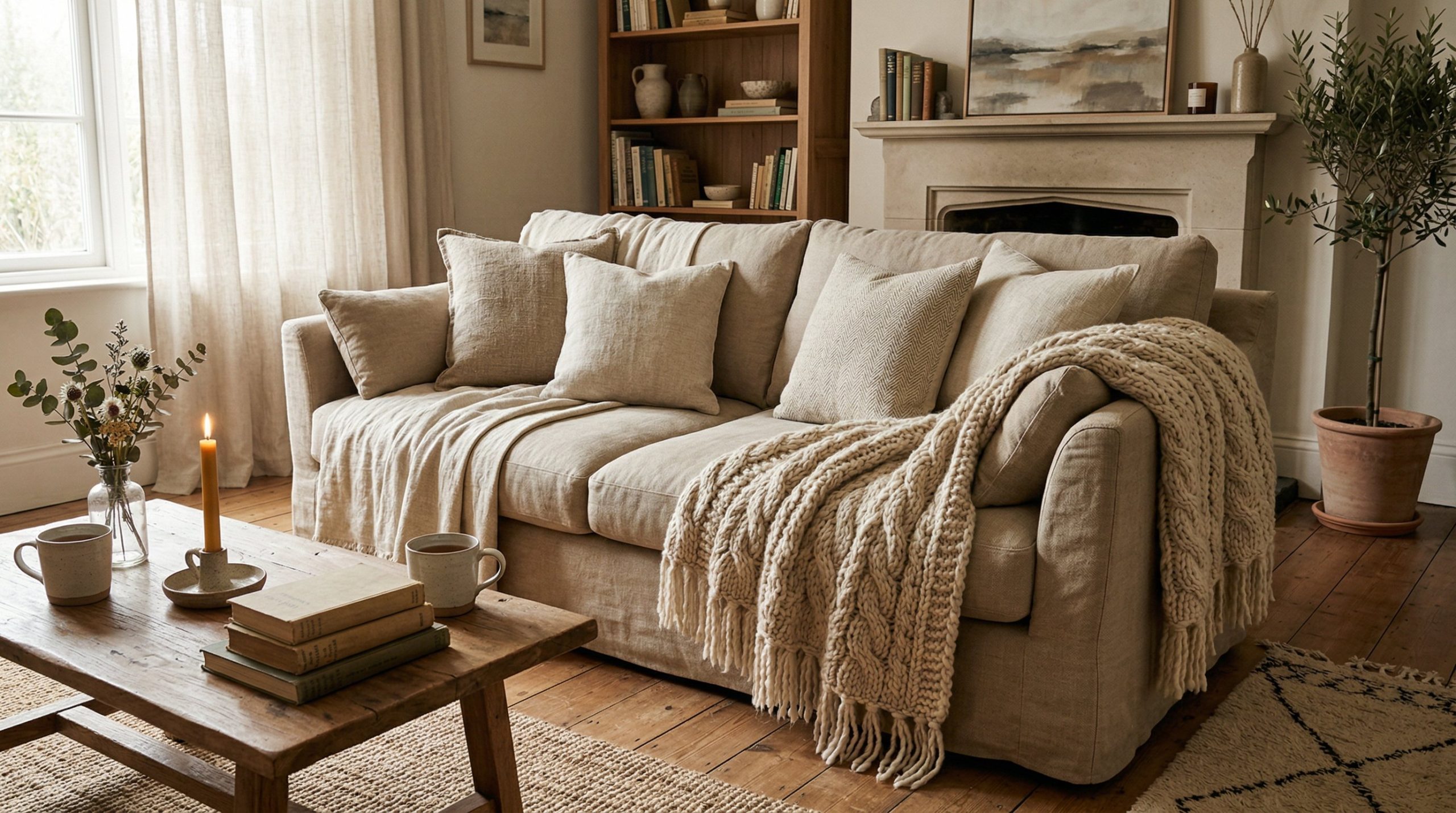 Photorealistic interior photo. Deep comfortable sofa draped with heavy organic linen layers and a chunky knit wool throw blanket in warm beige tones, soft diffused natural light. Editorial photography