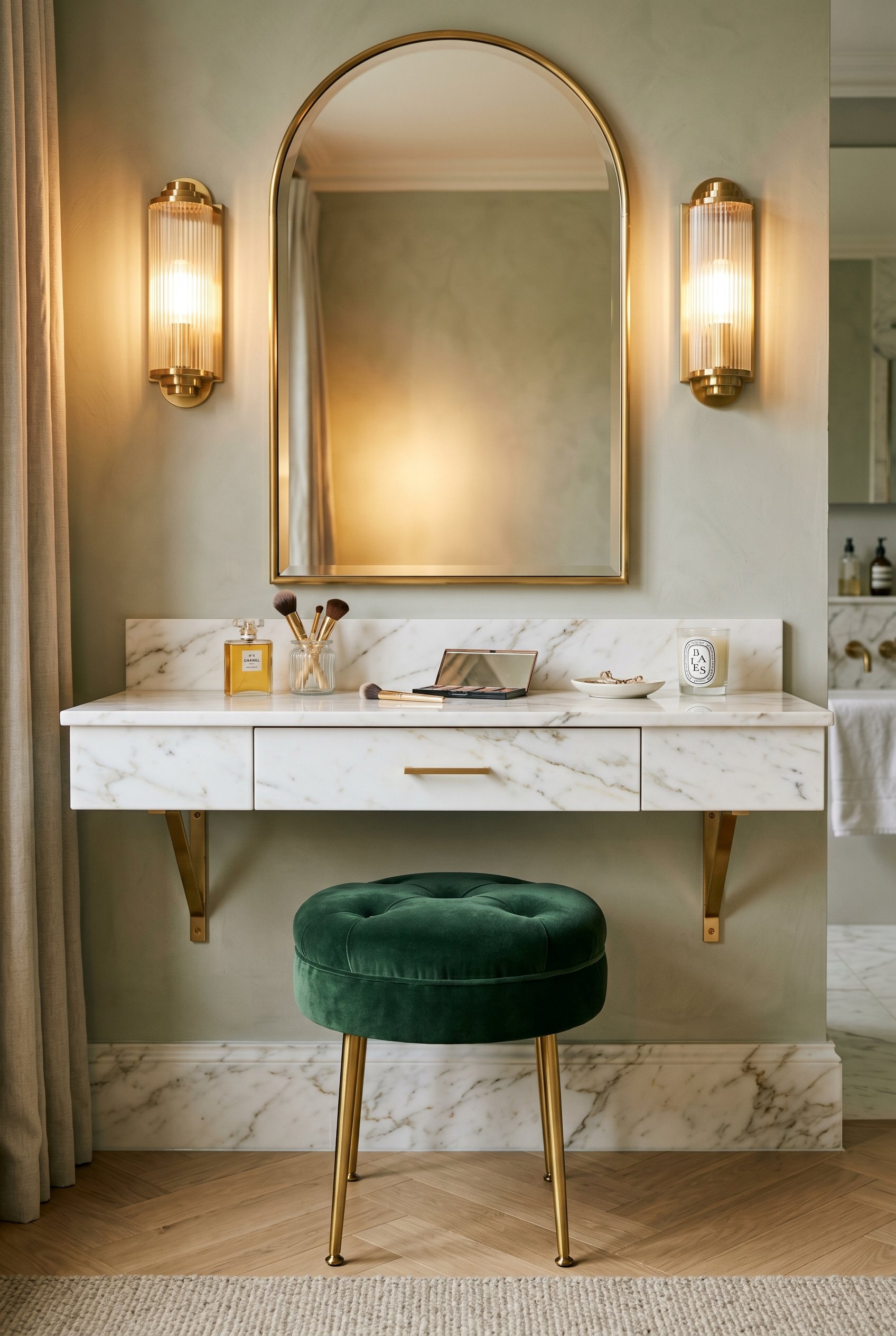 Photorealistic interior photo. Deep green velvet vanity stool tucked under a marble makeup counter, gold legs, soft warm sconce lighting, medium straight-on shot. Editorial photography style, no peopl