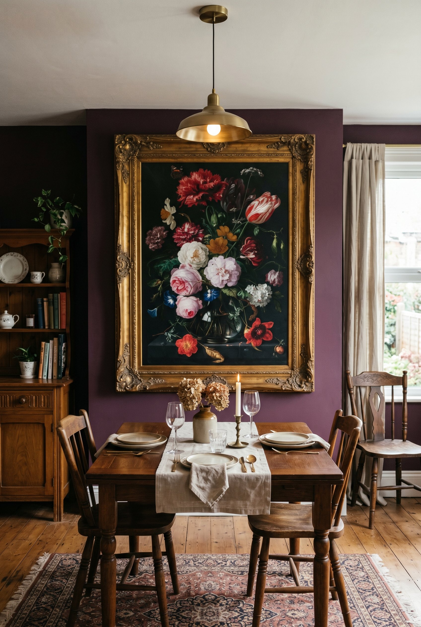 Photorealistic interior photo. Deep plum dining room wall featuring one massive, moody Dutch-style floral art print in a thick, ornate antique gold frame. Focused straight-on shot. Editorial photograp