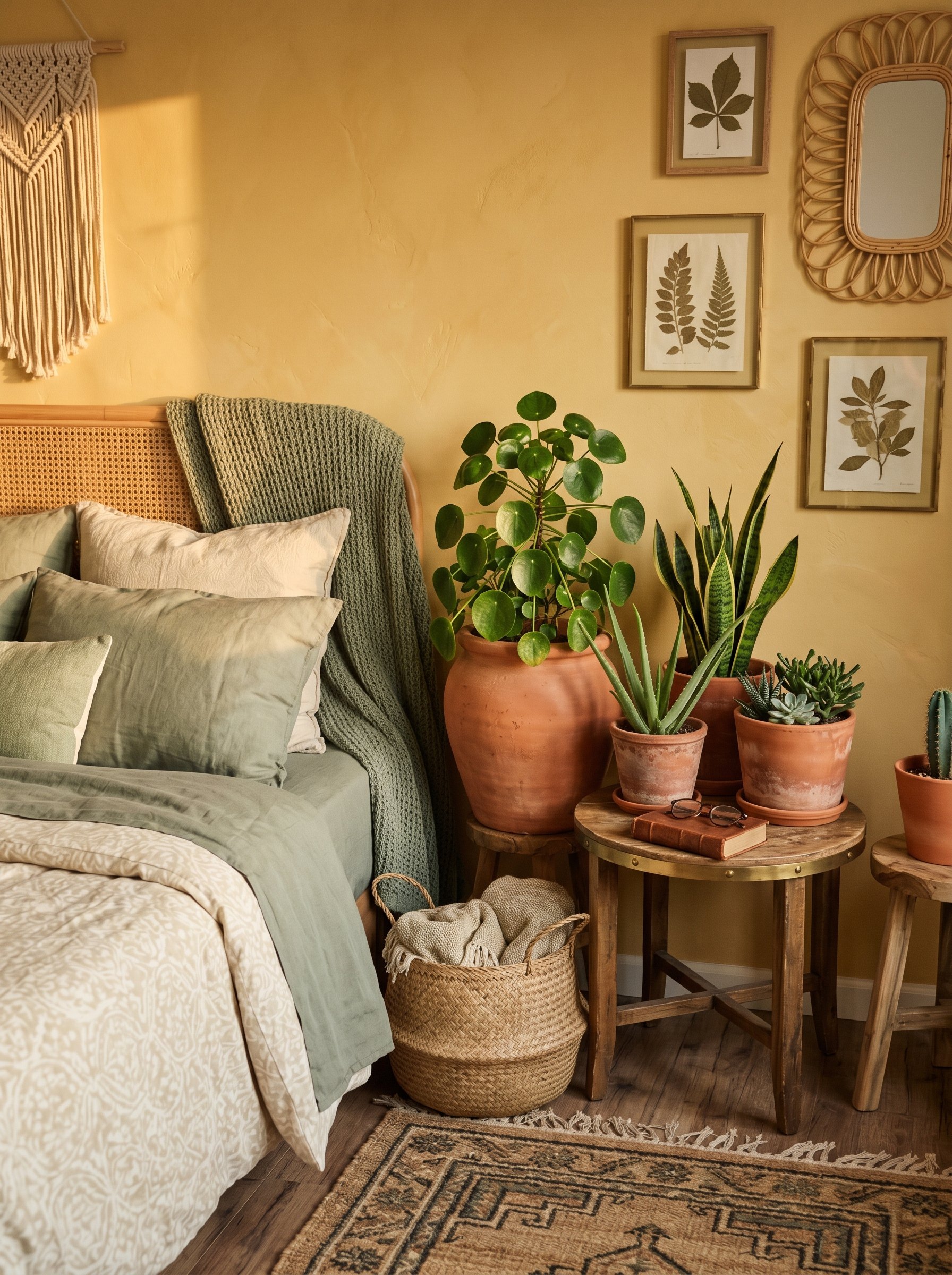 Photorealistic interior photo. Desert boho bedroom corner featuring terracotta clay planters and muted sage green textiles against a soft mustard background. Editorial photography style, warm sunset l