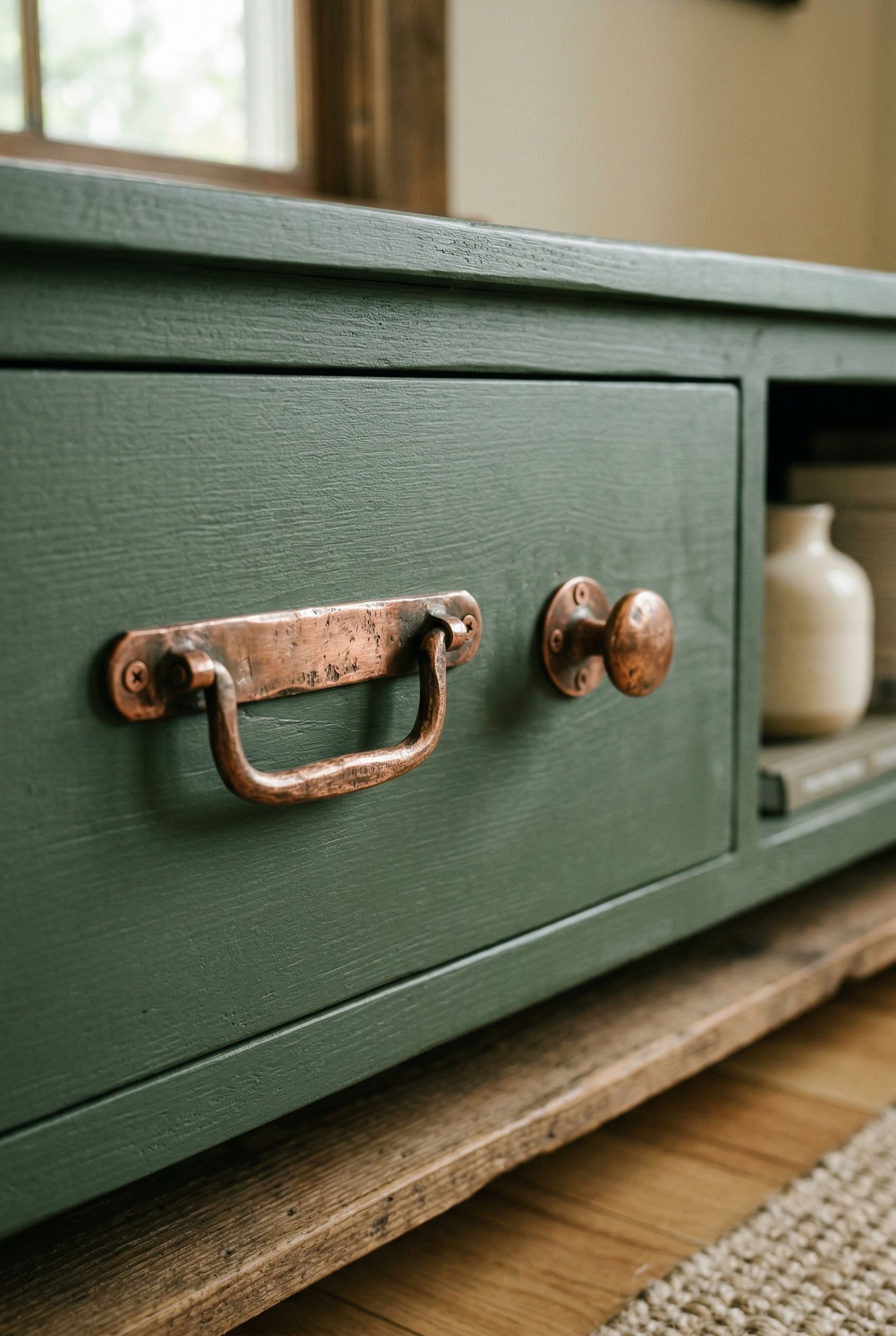 Photorealistic interior photo. Detail shot of authentic solid copper cabinet hardware on a matte green living room media console, natural soft lighting, macro angle. Editorial photography style, no pe