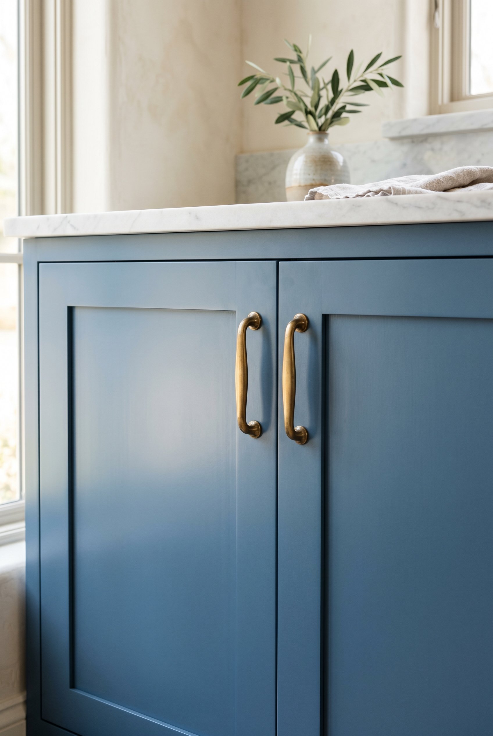 Photorealistic interior photo. Detail shot of French blue cabinet doors with a perfect satin finish, reflecting a soft window light. No fingerprints, clean aesthetic.