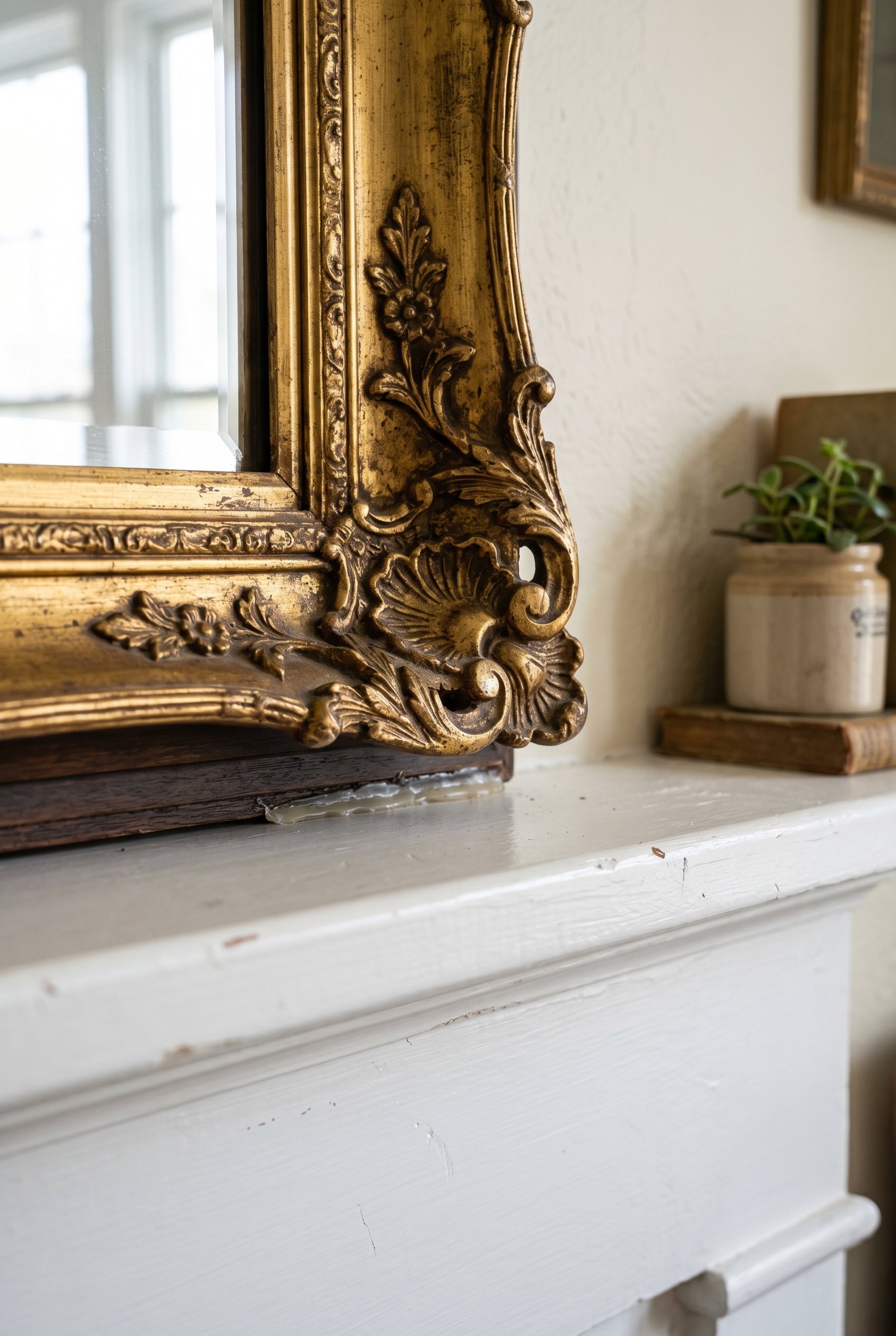 Photorealistic interior photo. Detail shot of the bottom edge of a heavy, ornate gold vintage mirror securely resting on a white painted mantel ledge, slight gap showing museum wax grip. Sharp, clear 